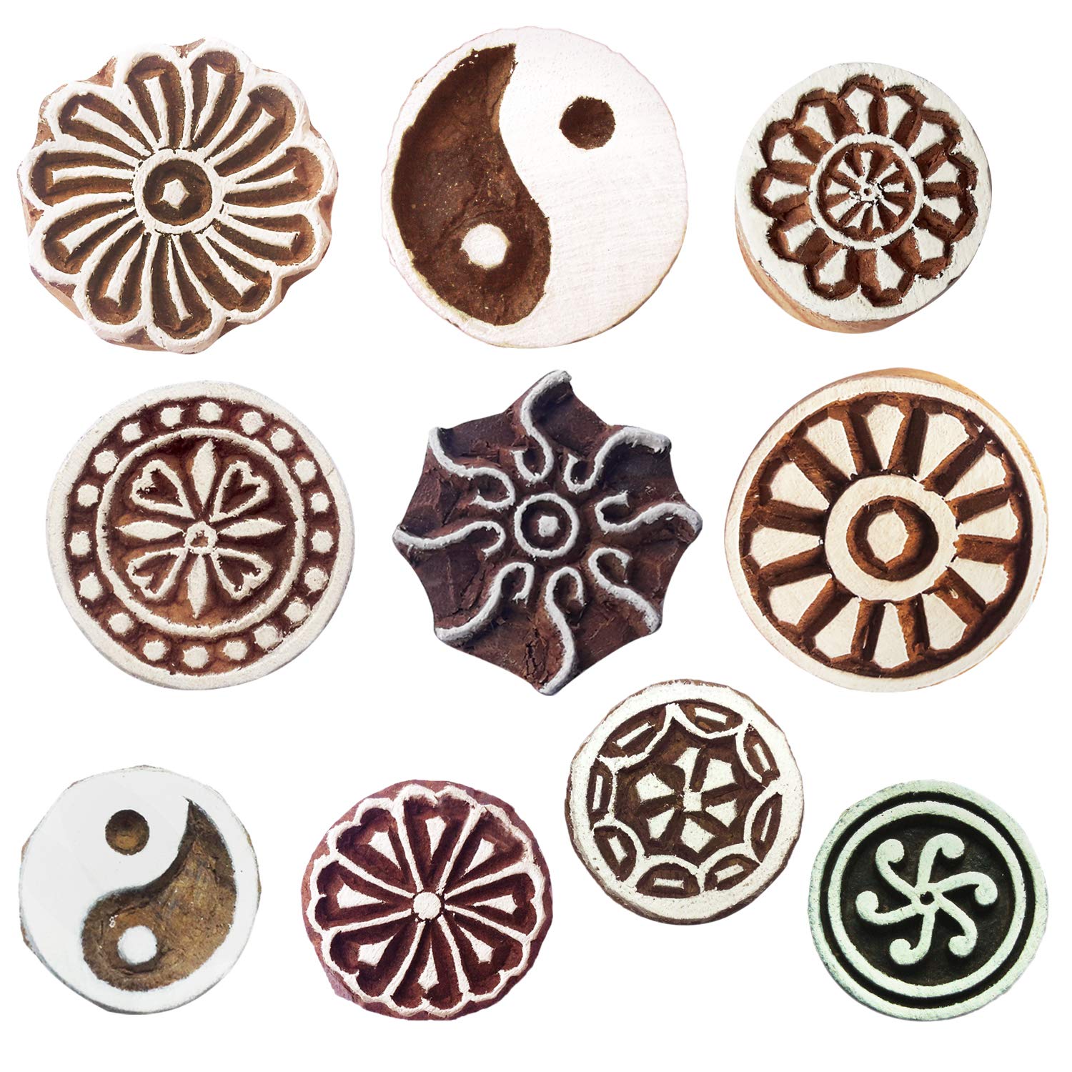 Royal Kraft Round Wooden Printing Stamps (Set of 10) - DIY Henna Fabric Textile Paper Clay Pottery Block Blocks Htag2164