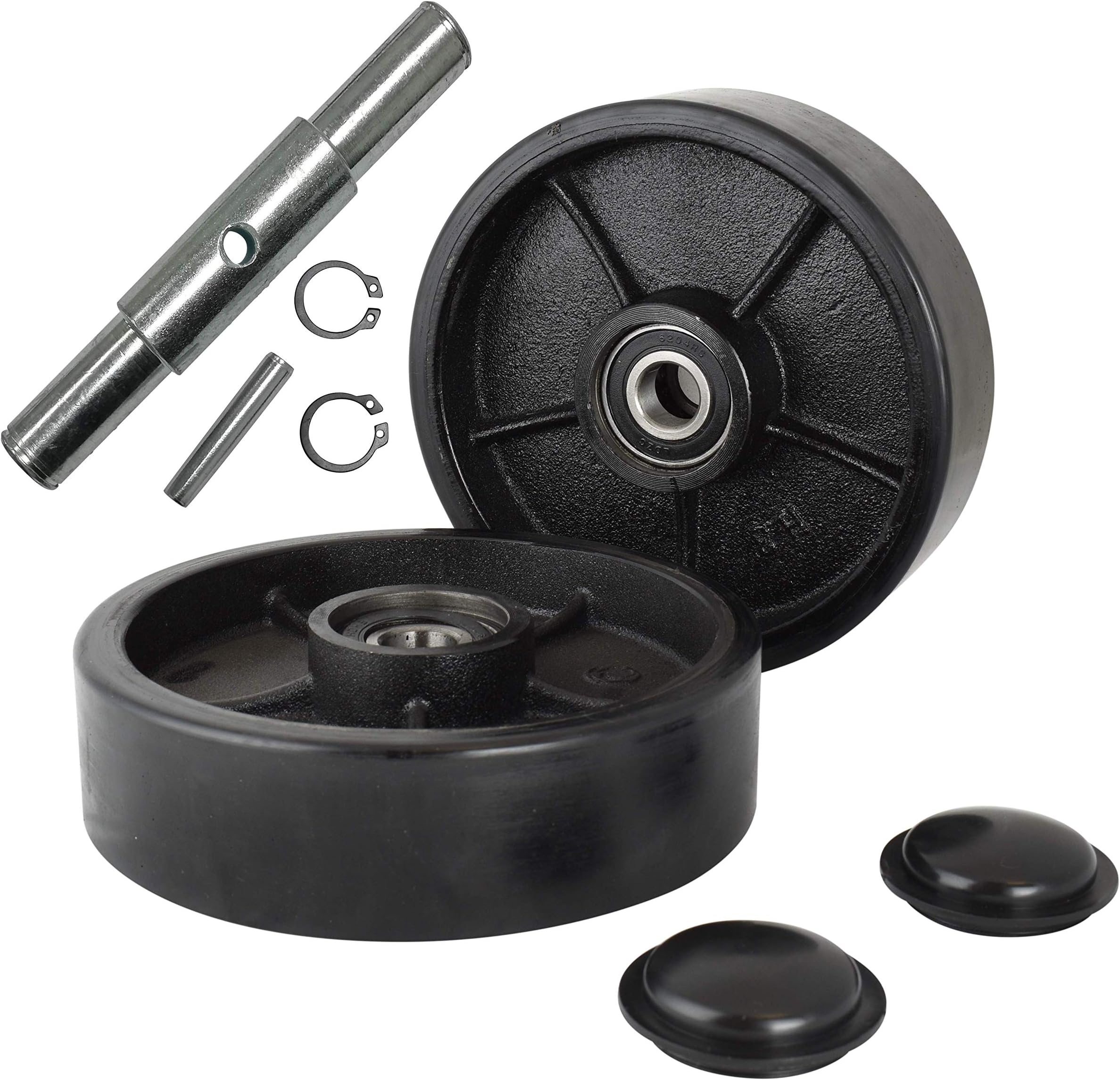Pallet Jack/Truck Steering Wheels Set with Axle, Fasteners and Protective Caps (4 pcs) 7" x 2" with Bearings ID 20mm Poly Tread Black