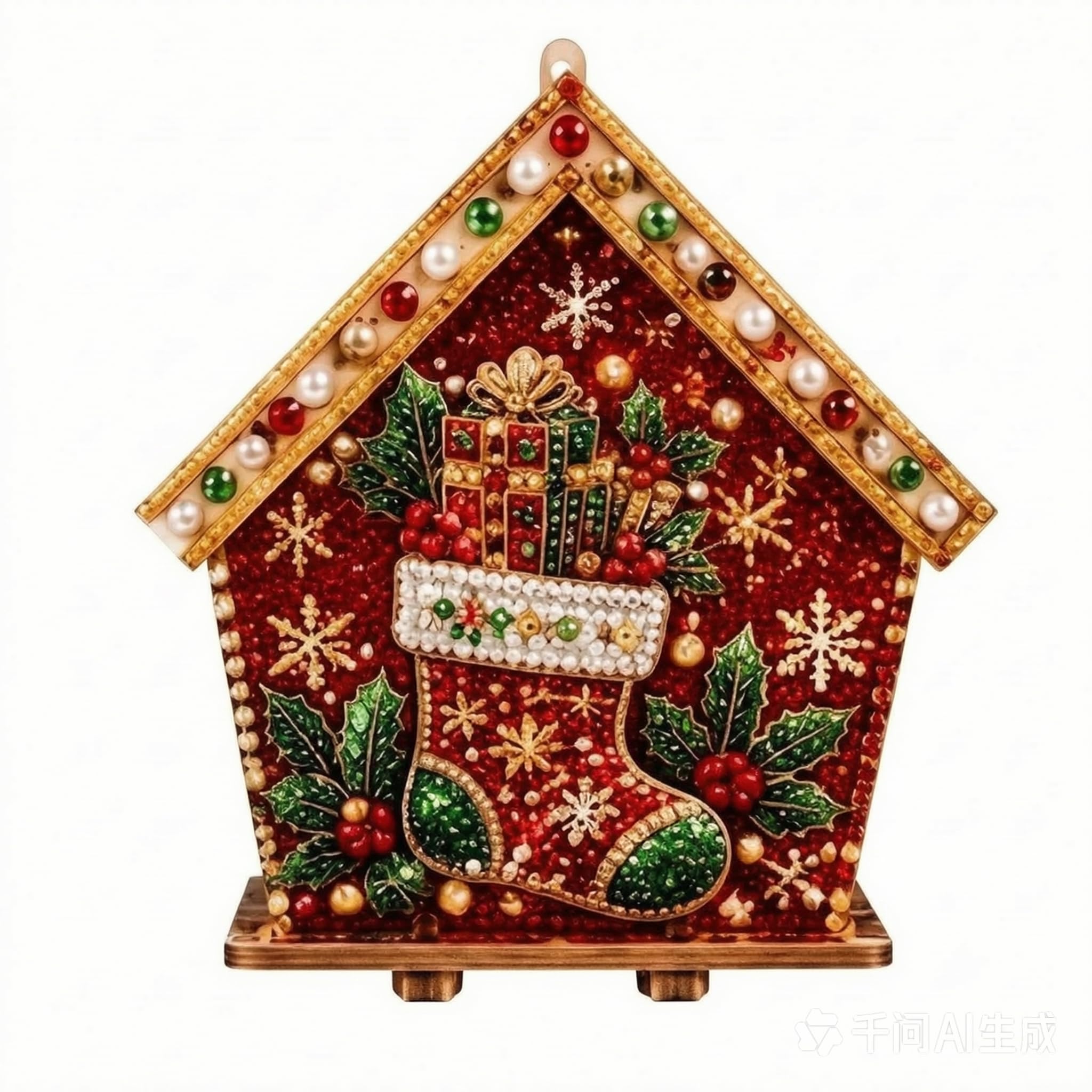 Christmas Wooden House Pearl Art Craft Kit, Festive Snowman Santa Reindeer Pattern Handmade Ornaments, DIY Pearl Bead Craft Set for Indoor Wall Hanging, Tabletop Home Decoration (Red-A)