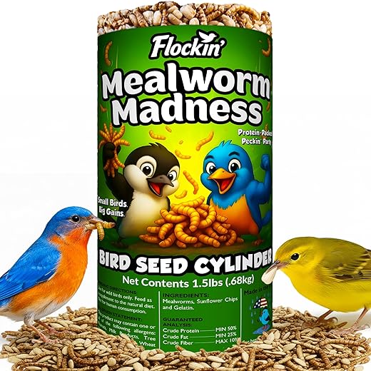 Mealworm Bird Seed Cylinders with Hole – Premium Mealworm Birdseed Log – Sunflower Chips & Dried Mealworms for Wild Birds – Natural High Energy Seed Cylinder – No Fillers – USA Made (4" x 7.75")