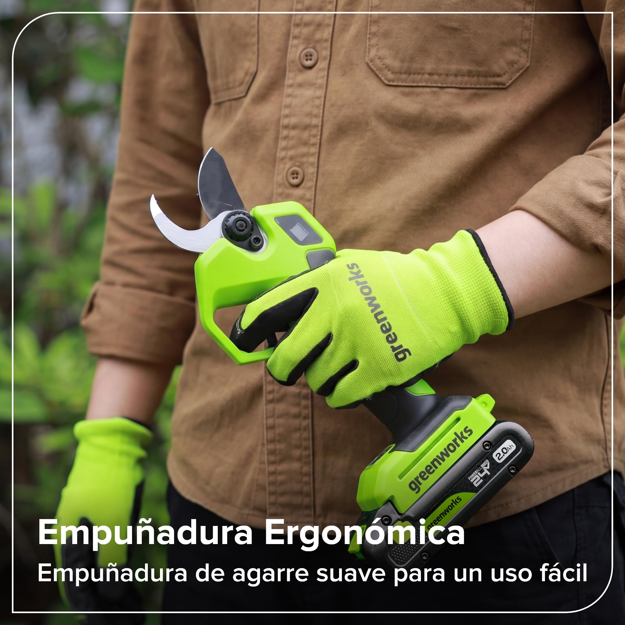 Greenworks Tijera Eléctrica 24V con Poste Telescópico 1,29–2,00 m, Motor Brushless, Cuchillas Acero, Apertura 22/32 mm, Pantalla LED, con Batería 2,0Ah & Cargador USB-C 30W LP24BLA1