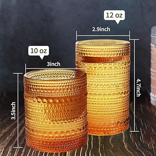 Miniatura 3 de Juego de 8 vasos de bebida vintage Hobnail para beber, vasos altos de 12 onzas y 10 onzas, vaso para cócteles, whisky, jugo, leche