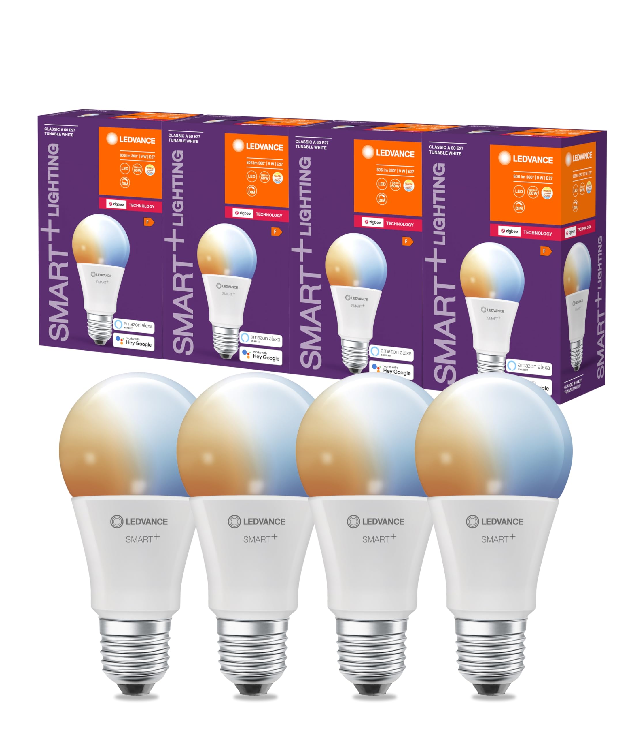 LEDVANCE LEDVANCE Smart+ Lampe mit ZigBee Technologie, 9W, A60, matt, Sockel E27, Lichtfarbe Tunable White, 806lm, 4er Pack