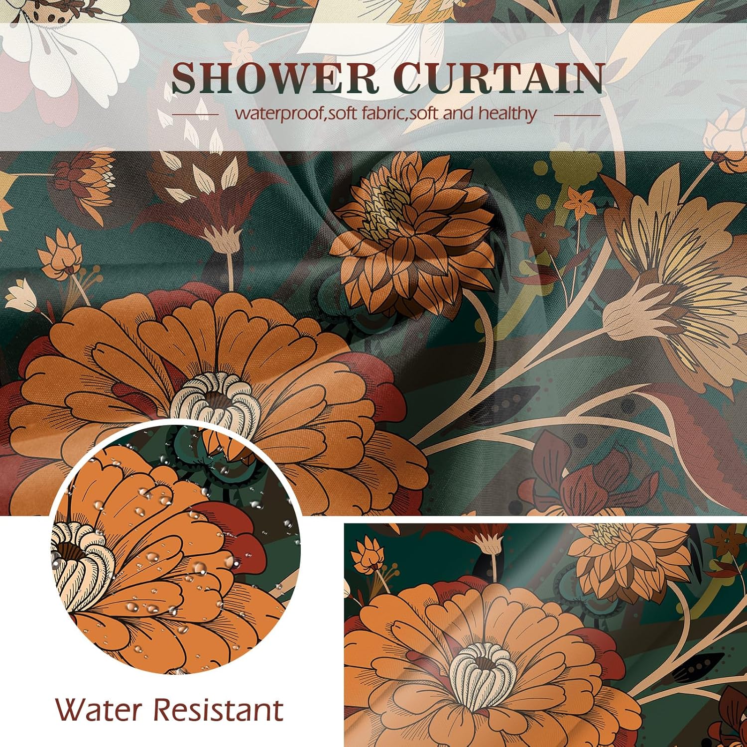 Aimego Extra Long Shower Curtain - Boho Floral Dark Green Bohemian Chic Flowers Botanical Leaves Fabric Cloth Shower Curtain Set with 12 Hooks for Bathroom Decor Accessories Bathtub Curtain, 72"x84"