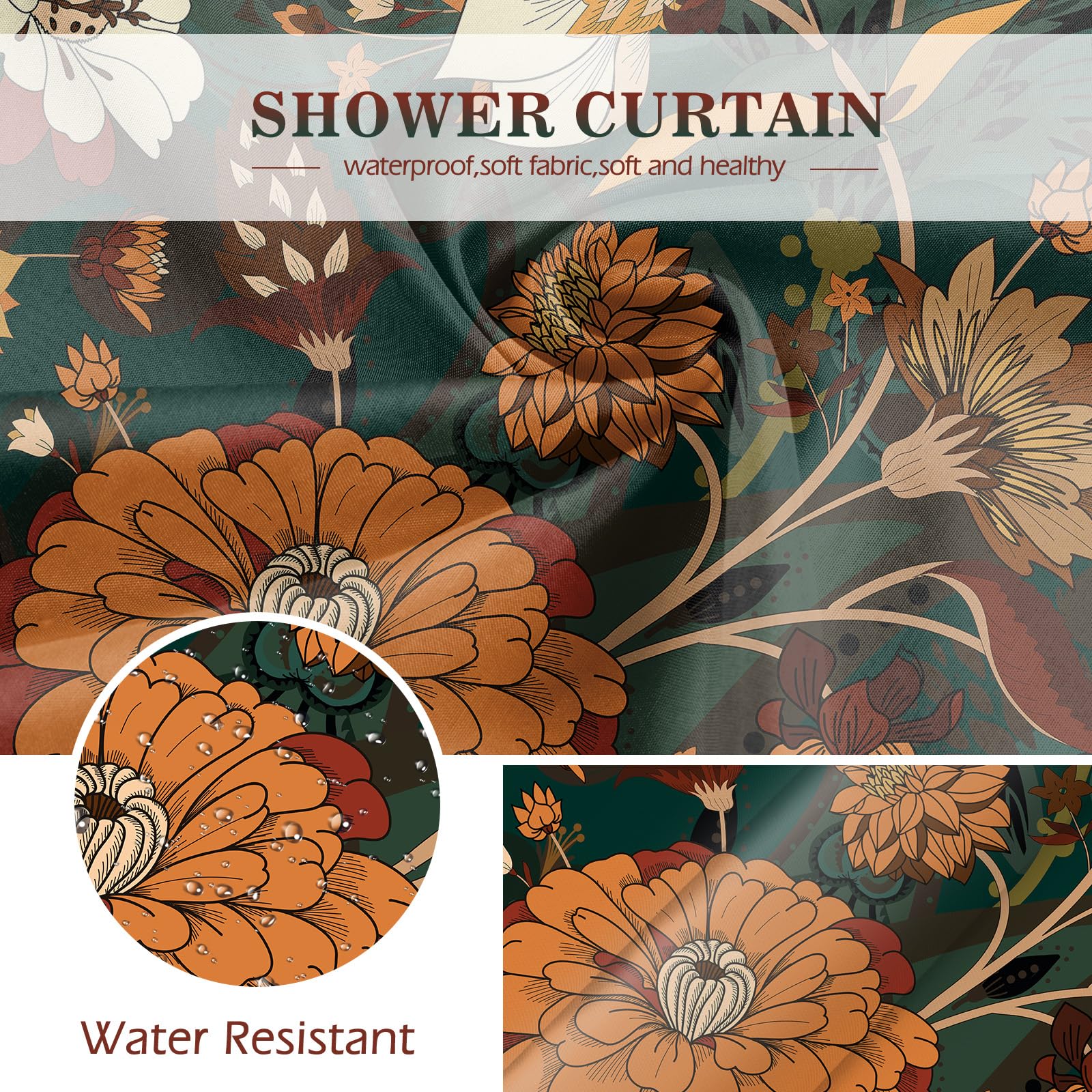 Boho Duschvorhang Dunkelgrün Mit Blumen - 183x190 Cm, Polyester, Wasserdicht, Inkl. 12 Haken
