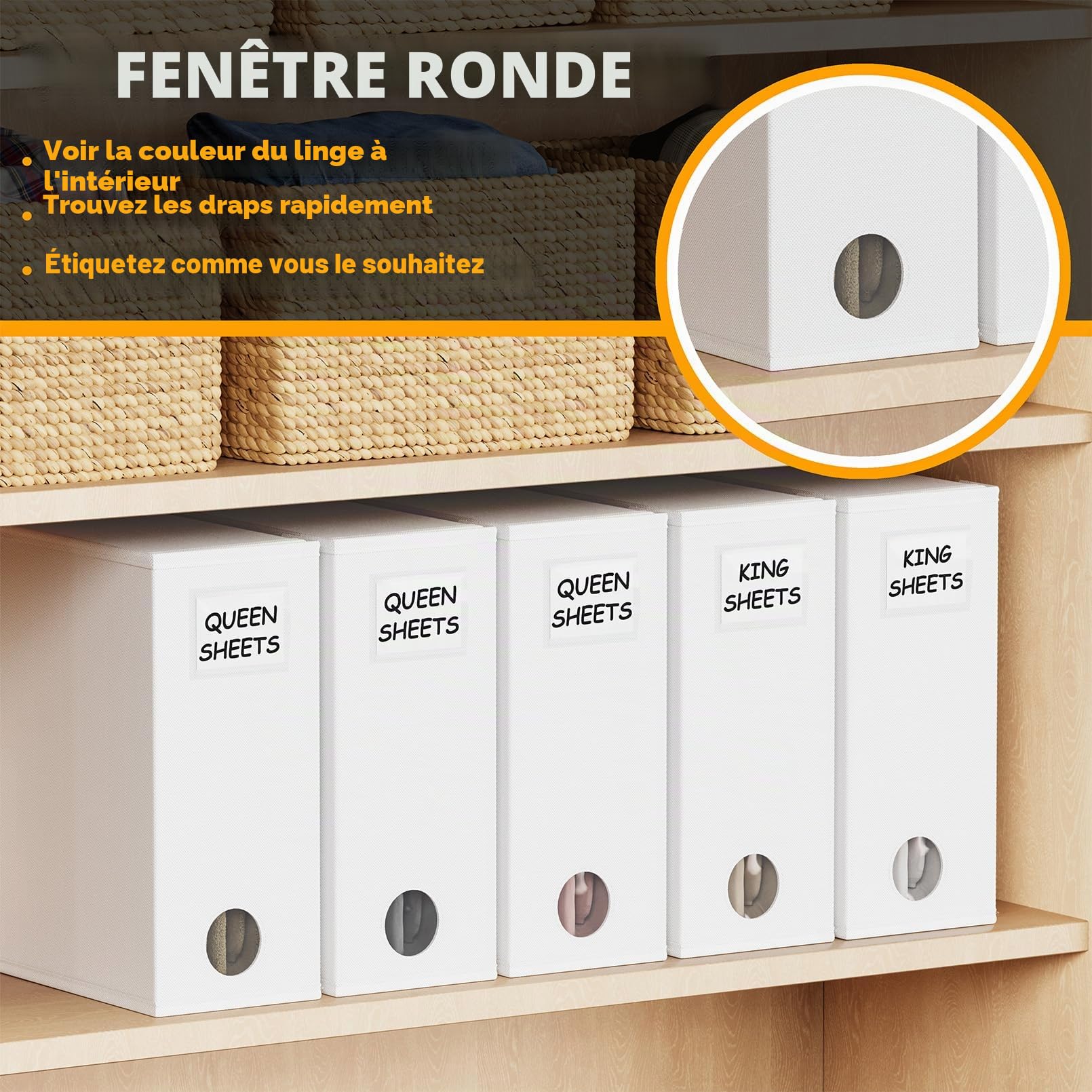 SpaceAid Lot de 5 organiseurs de draps de lit pliables pour placard en lin, ensemble de draps avec fenêtre XL (grand et très grand lit), blanc