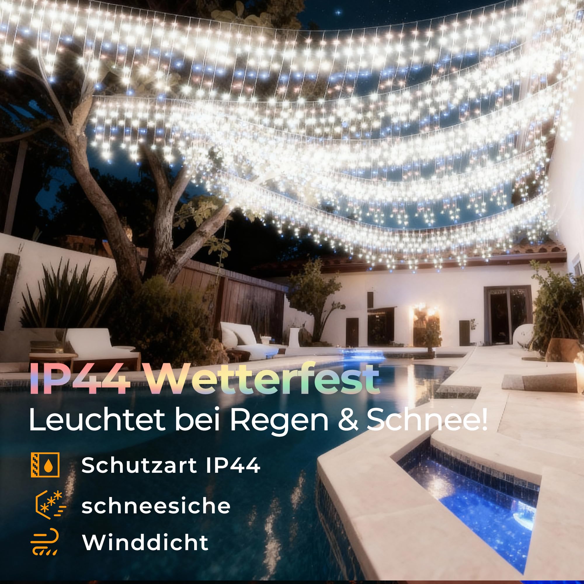 Eisregen Lichterkette Außen, LED Lichtervorhang mit Timer, IP44 Wasserdicht 8 Modi für Innenausstattung Außenbereich Schlafzimmer Hochzeit Weihnachten Party(Kaltweiß, 15m, 600 LED)