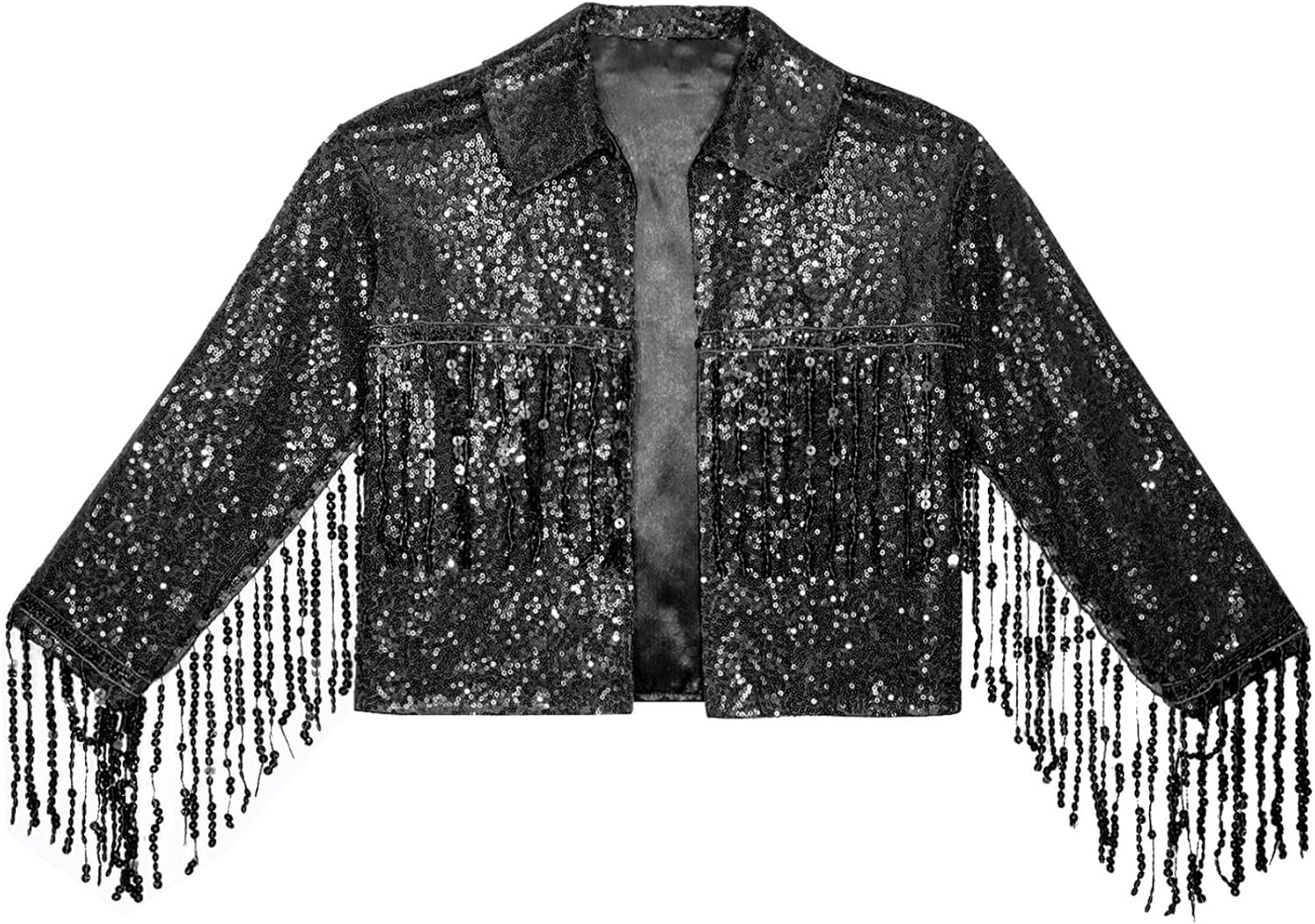 Kids Girls Sequins Fringe Jacket Long Sleeve Hip Hop Jazz Tassel Coat Party Performance Costume dancewear
