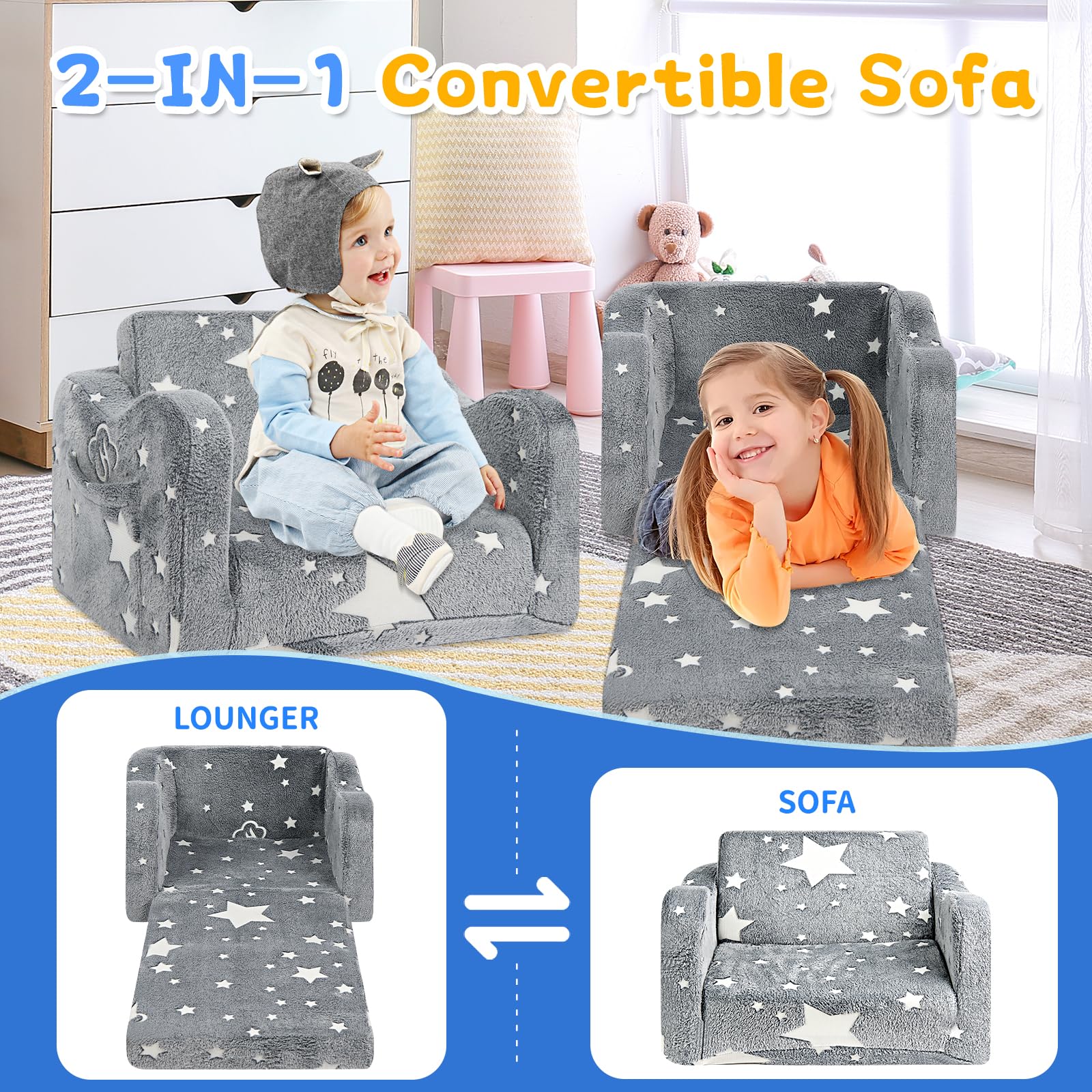 Sofá infantil 2 en 1 que brilla en la oscuridad, cómodo y suave y plegable para niñas y niños 7