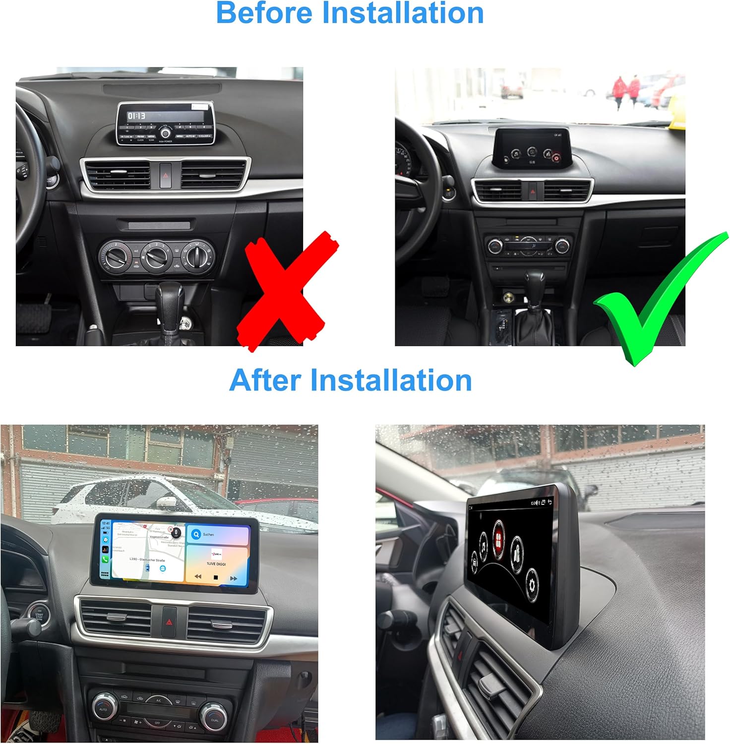 Comparison image showing the car dashboard before and after installation of the Taffio Android unit.
