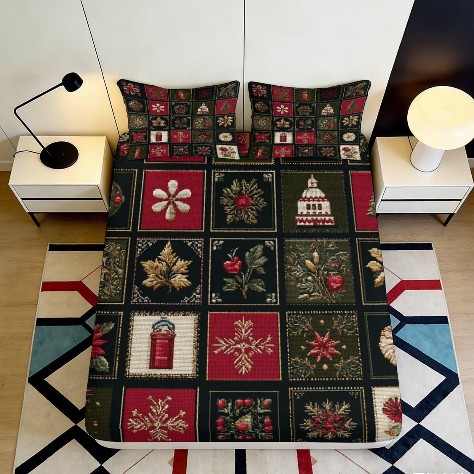 3D Printed Christmas Patchwork Fitted Sheet Microfiber Red Green Holiday Vintage Quilt Bed Cover for Bedroom Dorm Mattress Protection 140x200x25cm