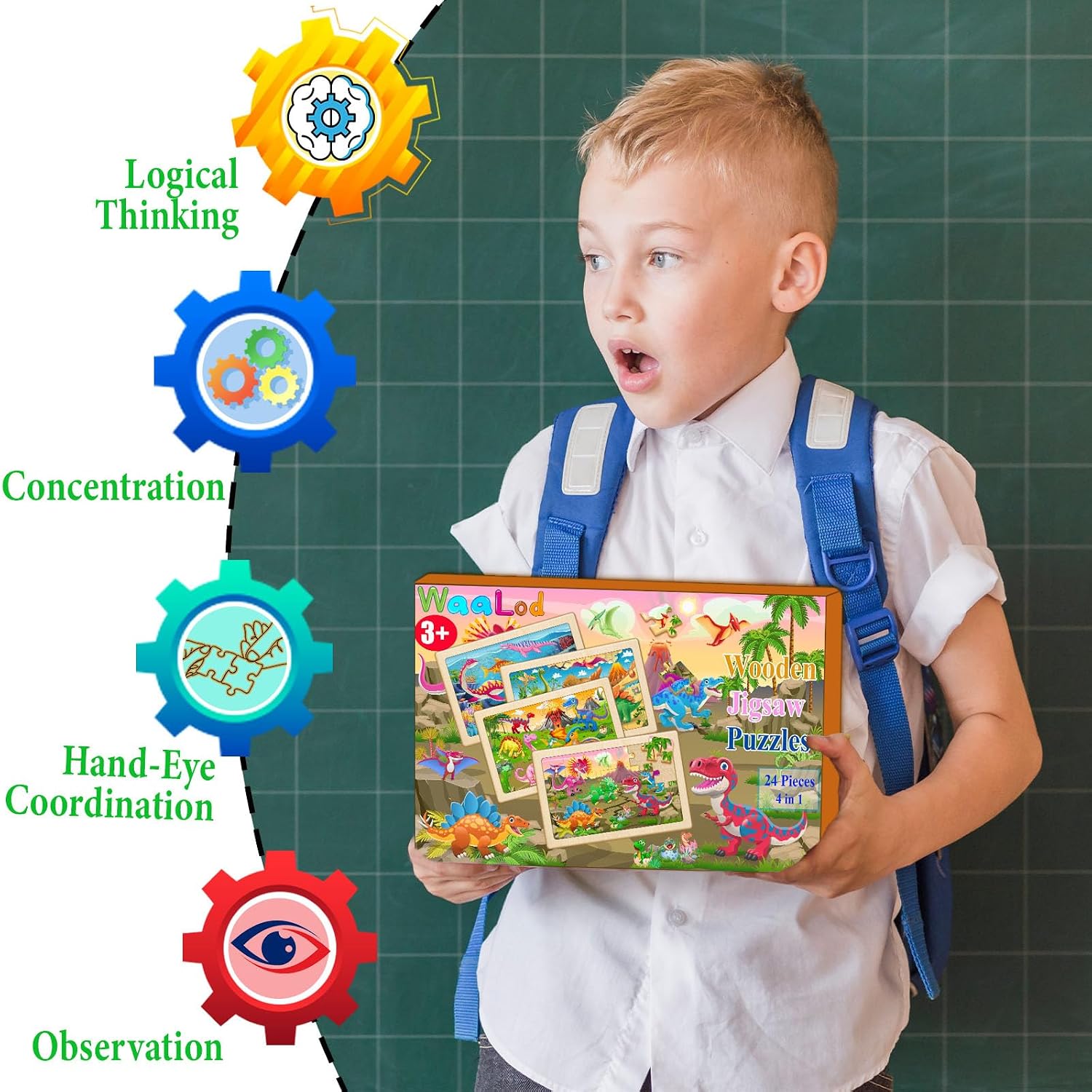 Puzzles for Kids Ages 4-6, 24 Pcs Dinosaur Prehistoric Animal Wooden Jigsaw Puzzles with Tray, T-Rex, Triceratops & Aquatic Dinosaur STEM Learning Toys, Birthday Gift for Toddlers 3-8