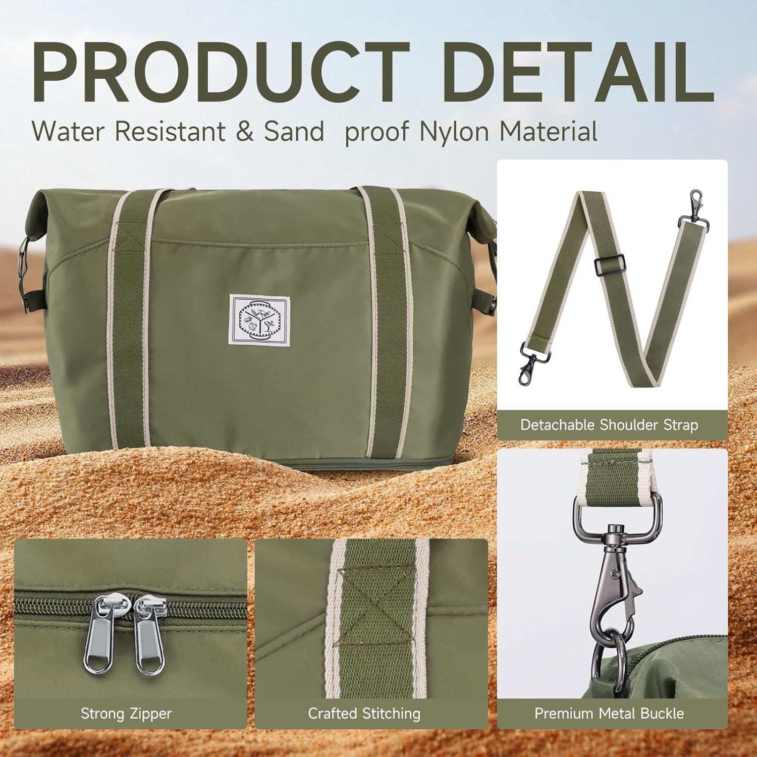 WALNEW Travel Duffel Bag, Weekender Overnight Carry On Bag for Women Men, Foldable Waterproof Gym Luggage Duffle Bag with Metal Buckle Detachable Shoulder Strap and Wet Compartment (Army Green) - Image 6