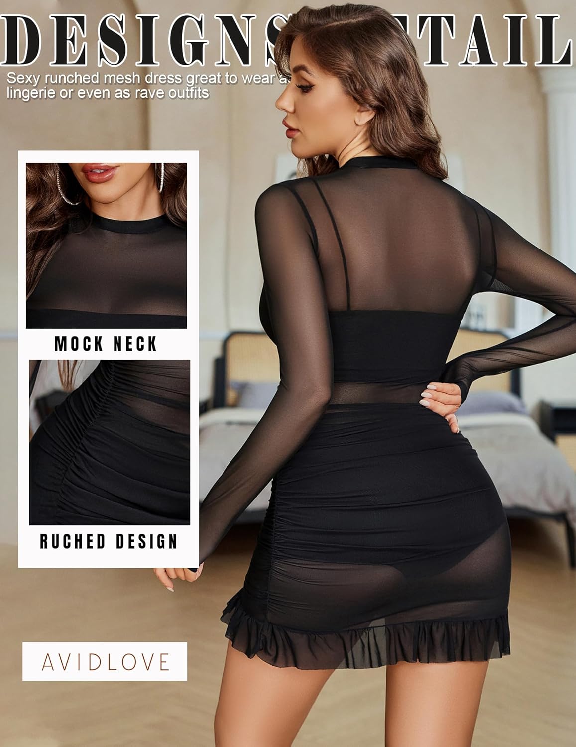 Avidlove Long Sleeve Dress for Women Bodycon Fall Sheer Mesh Dresses Mock Neck Ruched Party Clubwear Outfits S-XXL - Image 3