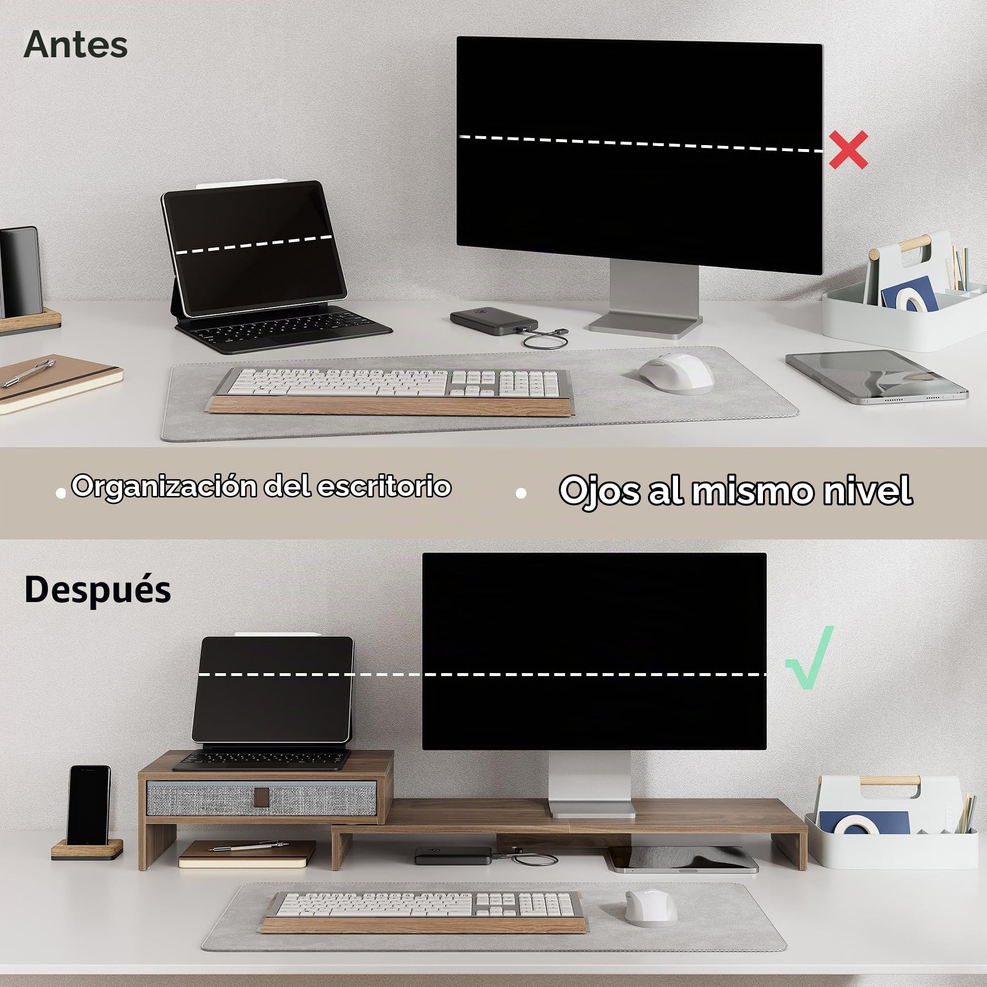 Fenge Elevador Doble De Monitor con Cajón, Largo Y Ángulo Regulables Marrón | Dos Alturas Fijas, Ideal para Usar Monitor y Portátil Simultáneamente