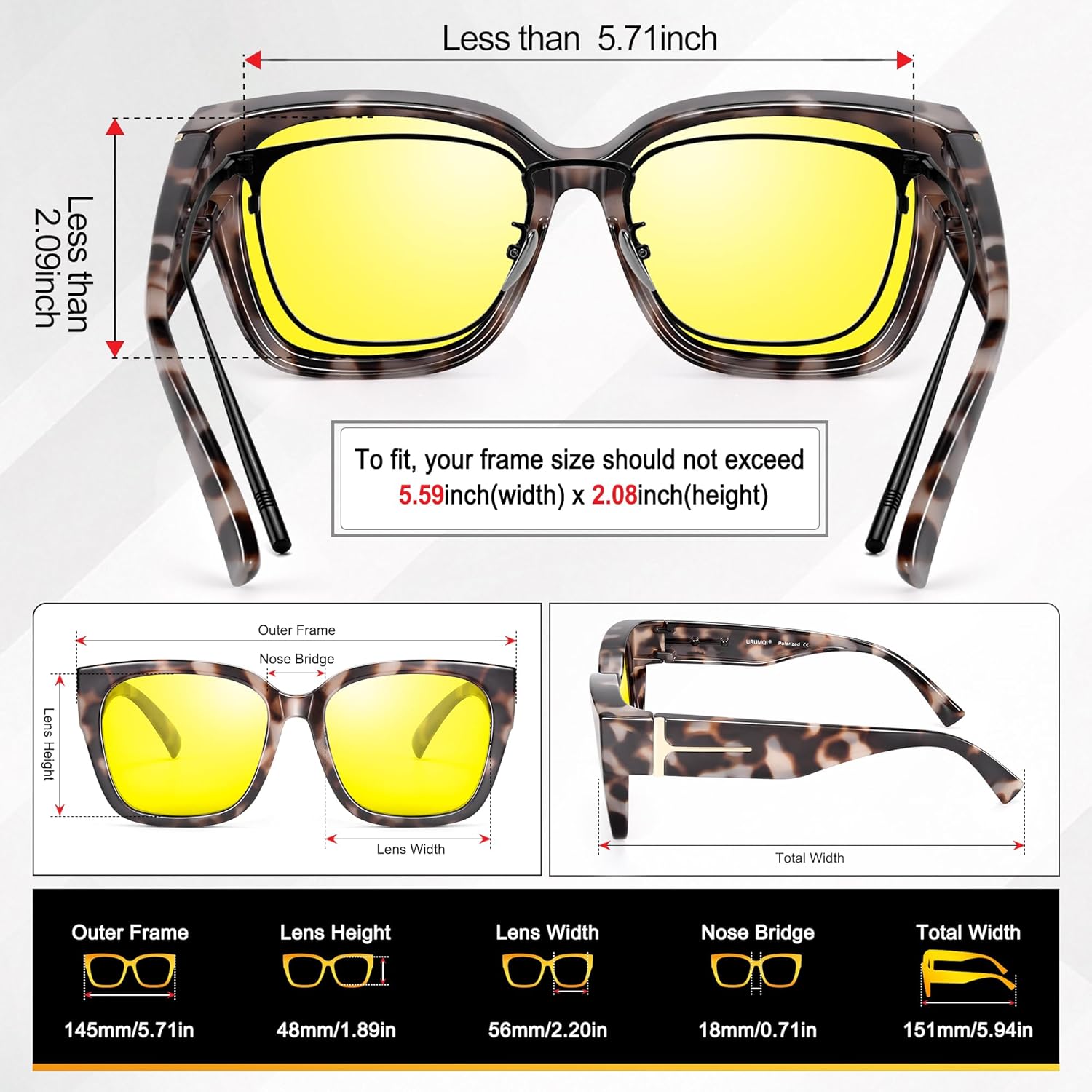 URUMQI Night Vision Glasses Fit Over Eyeglasses for Women Men, Anti Glare Polarized NightTime Glasses Oversized Yellow Lens
