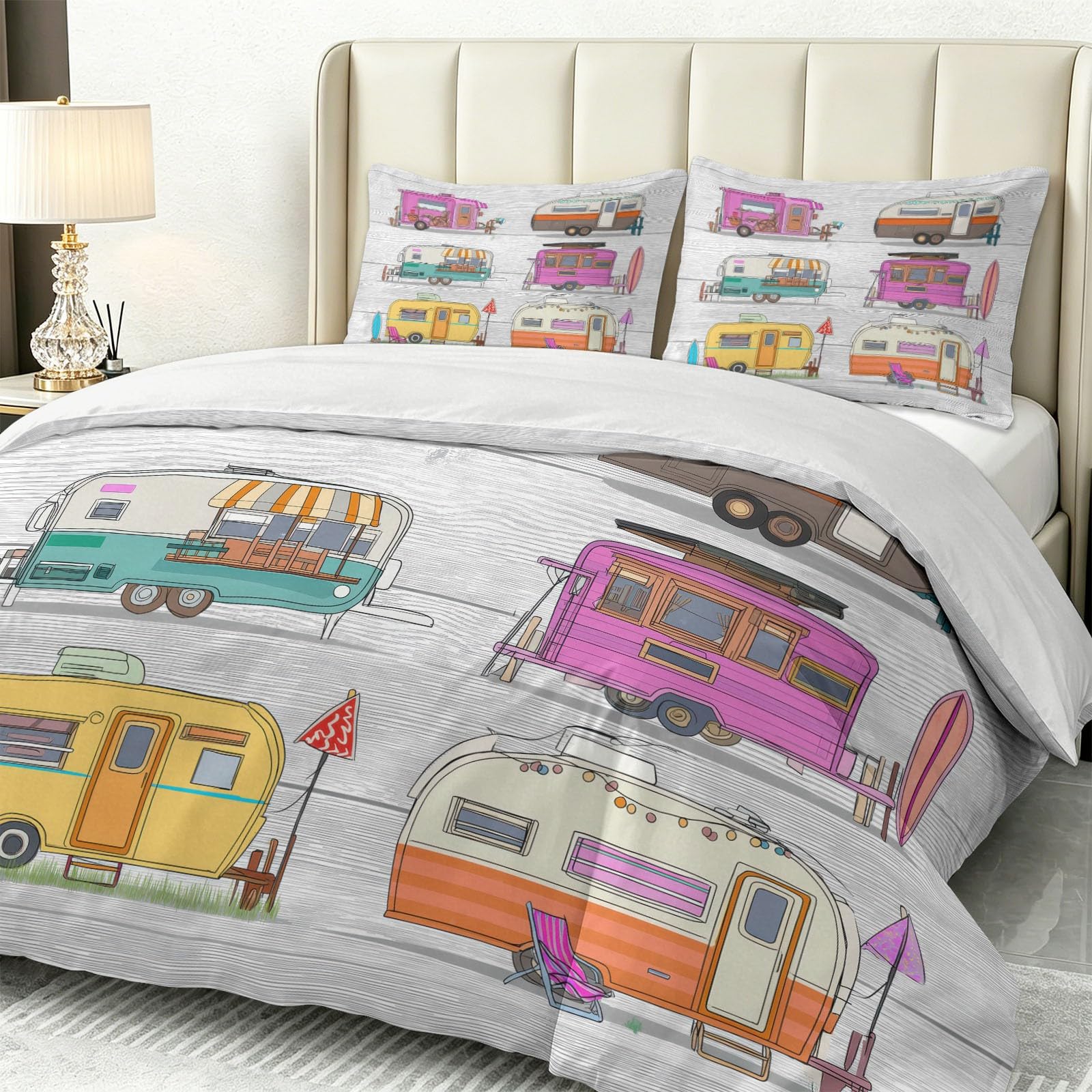 Amerikanischer Vintage Bettwäsche 180 x 200 cm, Wohnmobil Camper Surfbrett Lichterkette 3 teilig Weiche, Microfaser Bettwäsche, Deckenbezug mit Reißverschluss und Kissenbezüge, Weiß