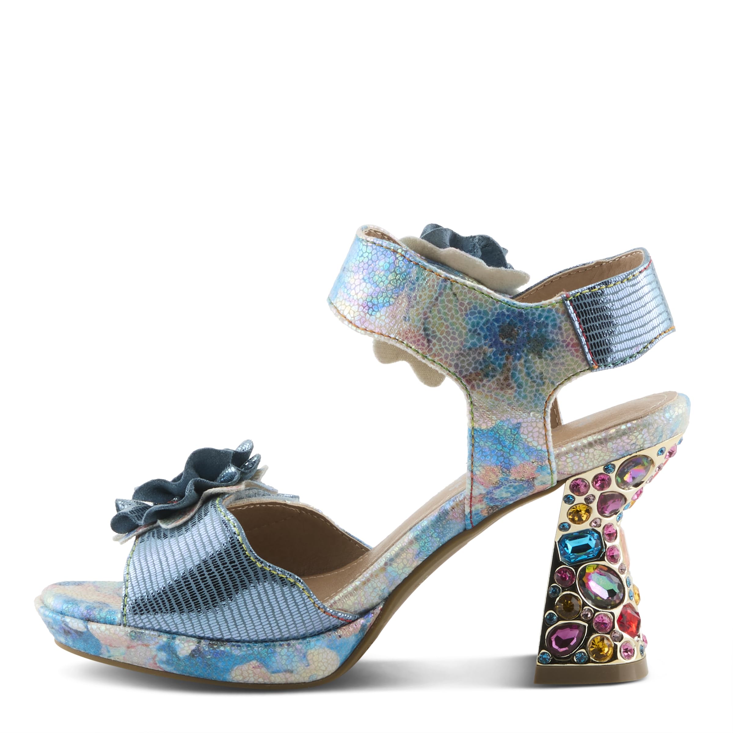Spring Step L'Artiste Women's SMASHING Metallic Leather Sandals - Opulent Decorative Flowers, Sculpted Jewel Heel, Wearable Art Footwear: 7.5-8 Blue Multi