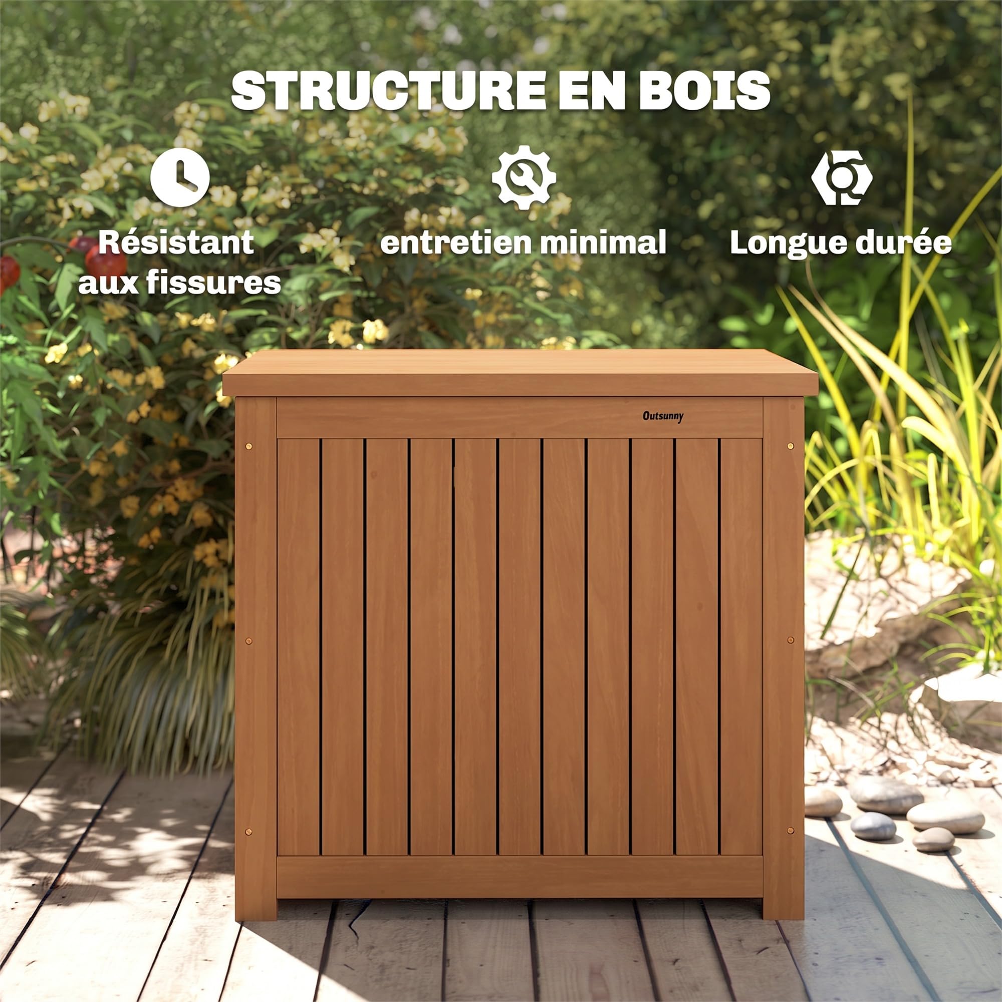 Outsunny Coffre de Rangement en Bois Massif 130L Balcon 63x51x58,5cm Brun
