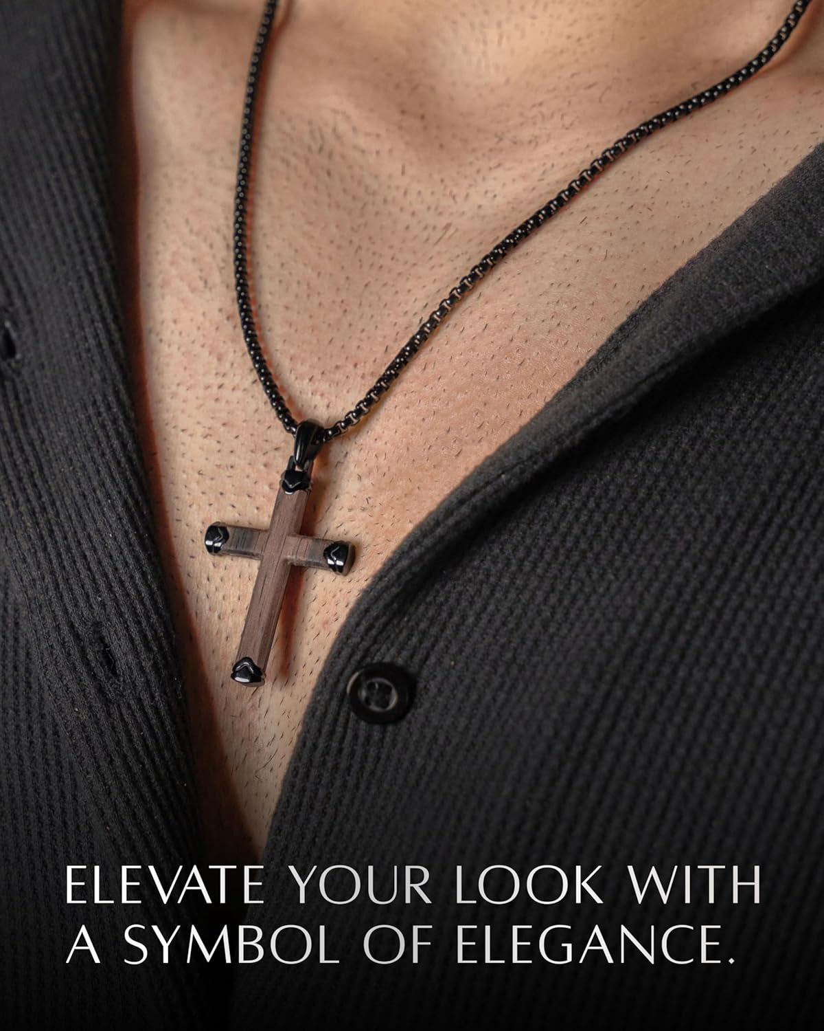 RTZN® Wooden Cross Necklace for Men – Premium Handcrafted Natural Ebony/Bubinga Mens Wood Cross Necklace Pendant with 3mm Stainless Steel Box Chain 22" + 2" Inch