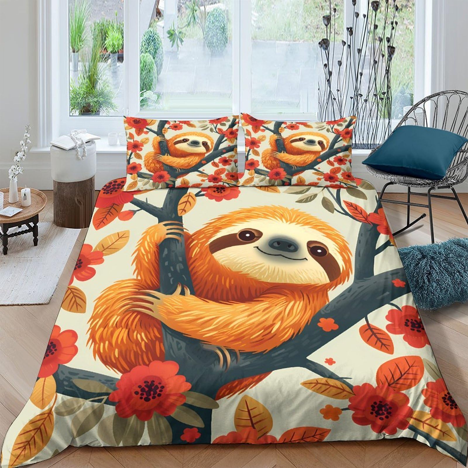 Ctjqhvkz Style-7 3D Printed Sloth Tree Fitted Sheet Microfiber Soft Breathable Autumn Leaves Mattress Cover For Bedroom Decor Single（135X200cm）
