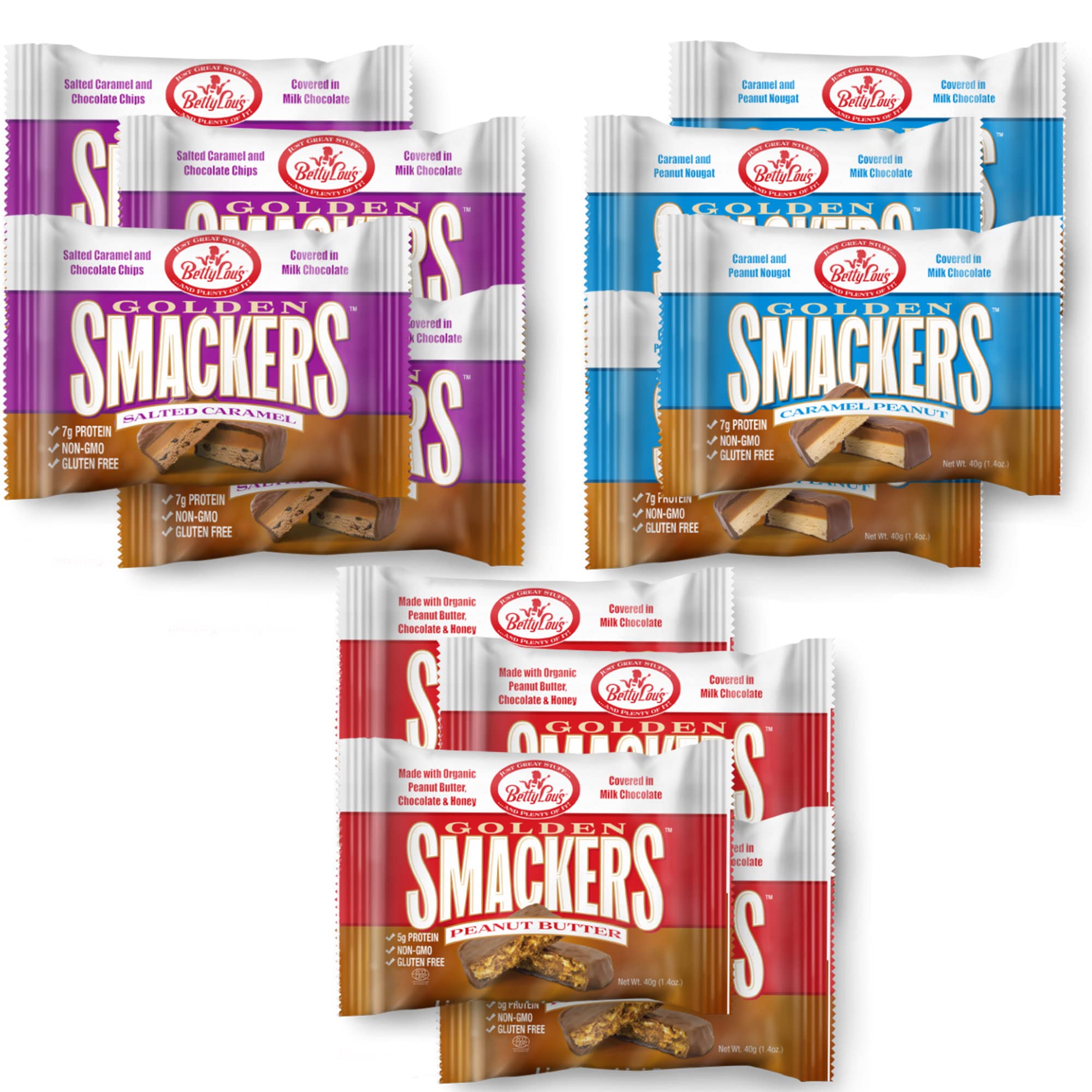 Betty Lou'sGolden Smackers - Variety Pack | Delicious Gluten Free Healthy Candy | Non GMO & Sweetened Naturally | 4 Caramel Peanut, 4 Peanut Butter, 4 Salted Caramel - Individually Wrapped (12 Pack)