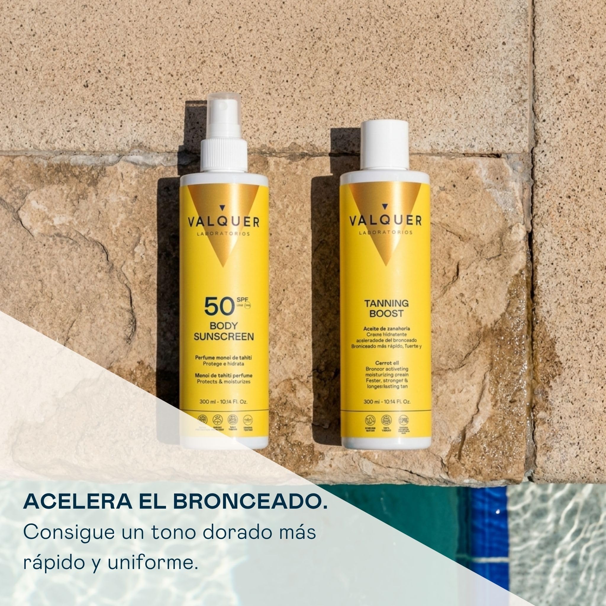 Valquer Pack Solar Corporal Protector 300 ml y Crema Aceleradora 300 ml | Protección SPF 50 Proporciona una Piel Bronceada, Hidratada y Suave | Aroma Monoi de Tahití | Vegano