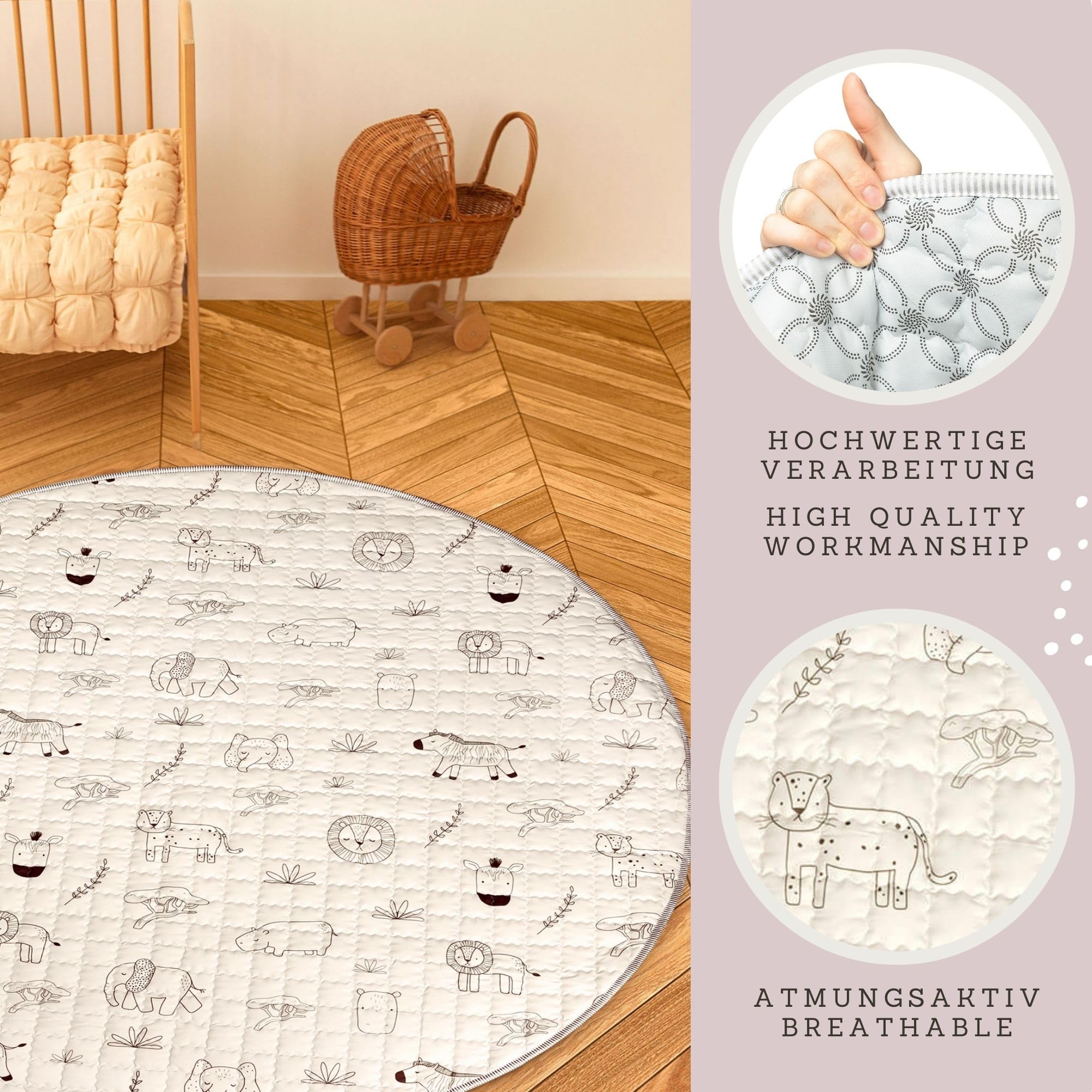 Hakuna Matte Grande Tappeto morbido bambini Imbottito 150 cm - Tappeto Giochi bambini Spesso 1,5 cm Design Animales de safari - Tappeto neonato con Supporto Antiscivolo per Gattonare, Giocare
