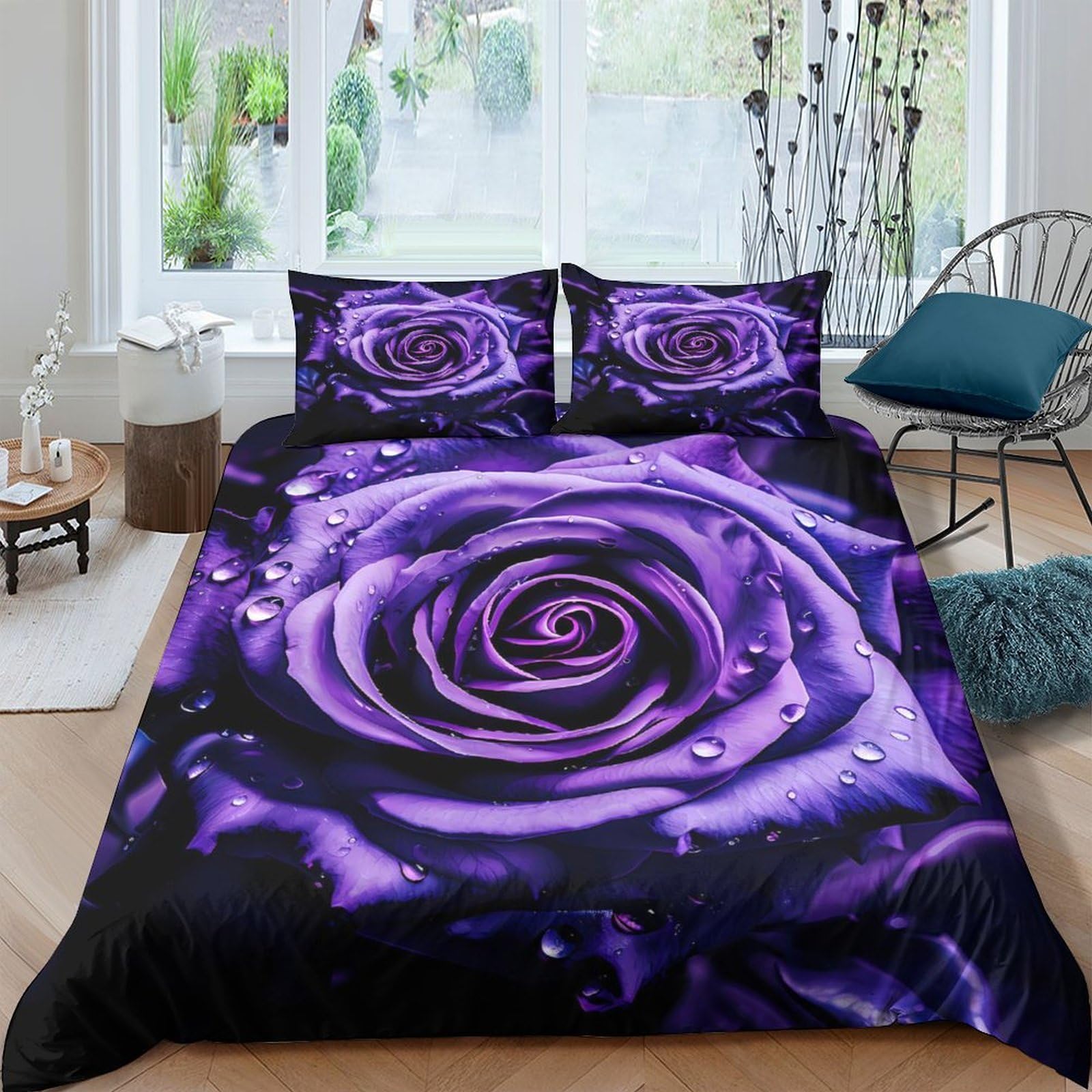 Ctjqhvkz Style-1 3D Printed Purple Rose Fitted Sheet Microfiber Soft Anti-Slip Bed Cover Bedroom Decor Waterdrop Pattern Mattress Protector Single（135X200cm）