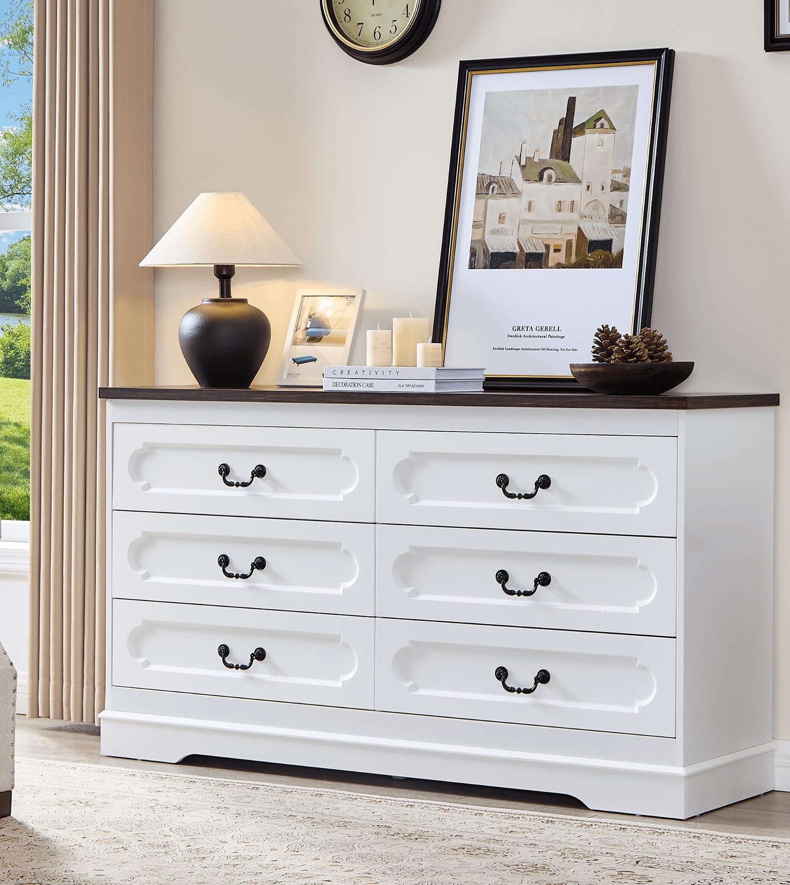 LIDYUK Farmhouse White Wood Dresser for Bedroom 55" Wide 6 Drawer Wooden Chest of Drawers, Rustic Tall Dresser Closet Organizer & Storage Cabinet for