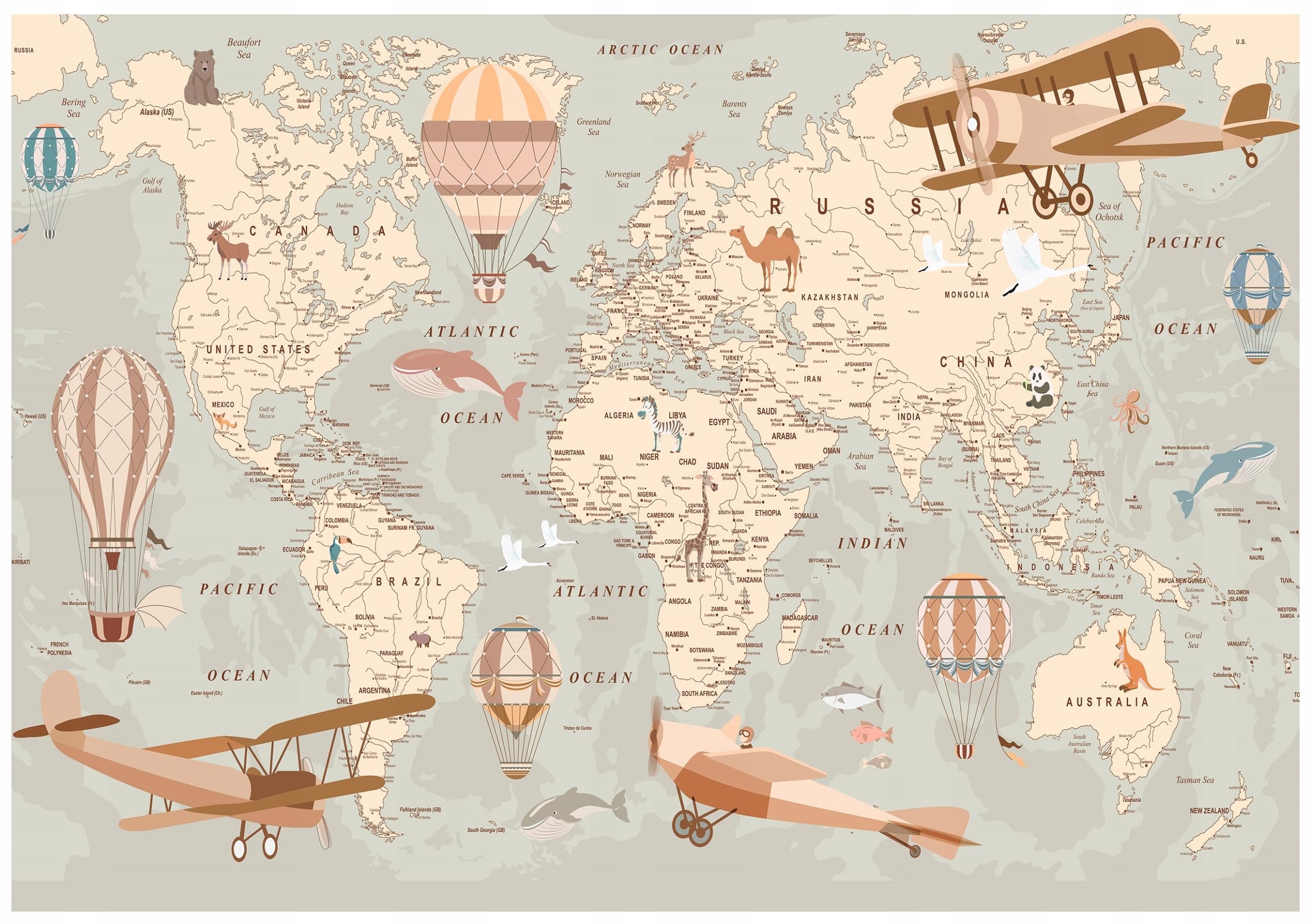 WallArena - Papier peint panoramique intissé für Mädchen und Jungen Carte du monde 350x250 cm - Papier peint photo non tissé - Pour salon et chambre à coucher - Effet 3D - Vintage du monde