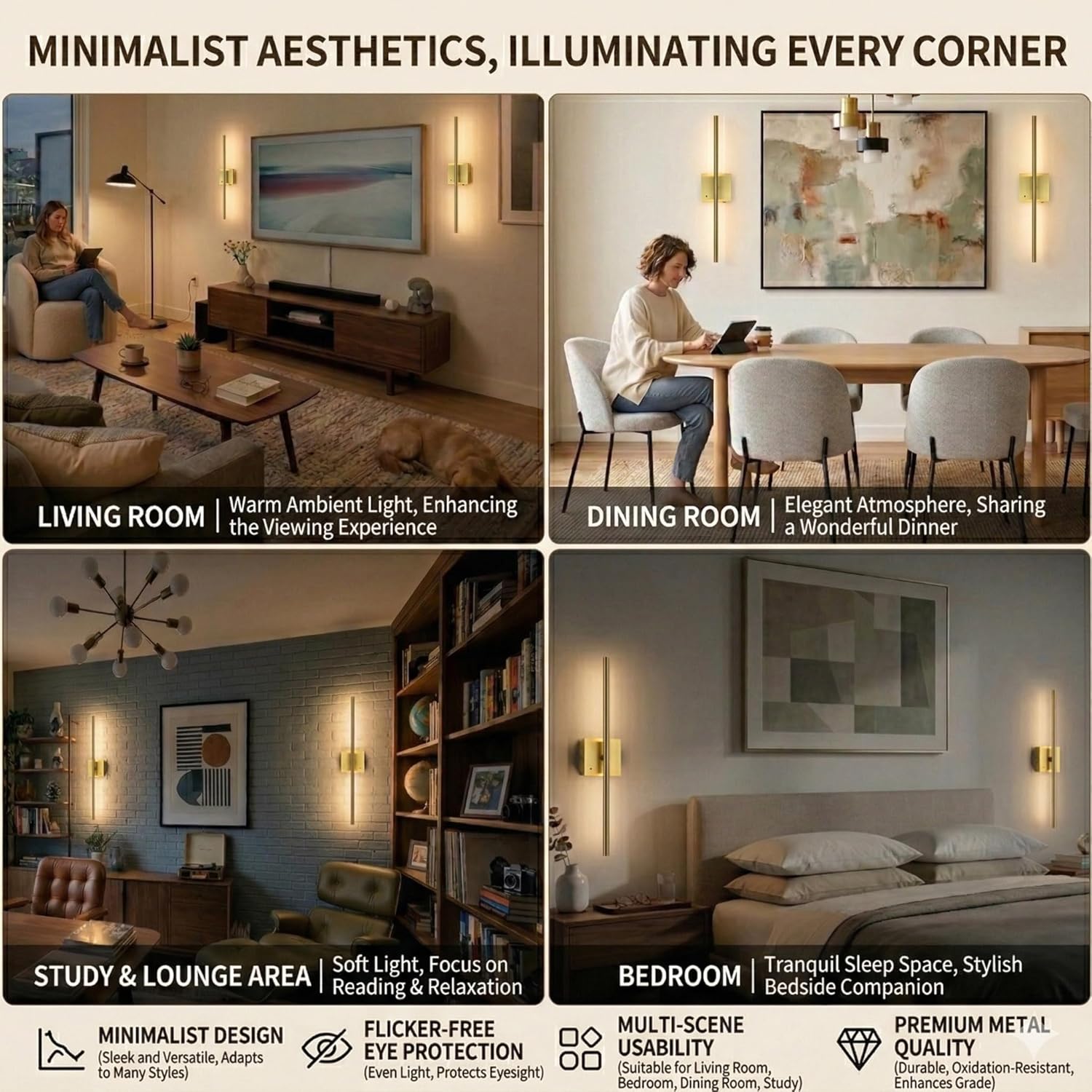Battery Operated wall Sconce Set of 2 Rechargeable Wireless Cordless 12000ma 360° Rotation Large wall Lights lamp for Living Room Modern Decor Linear Long Metal Gold 28"
