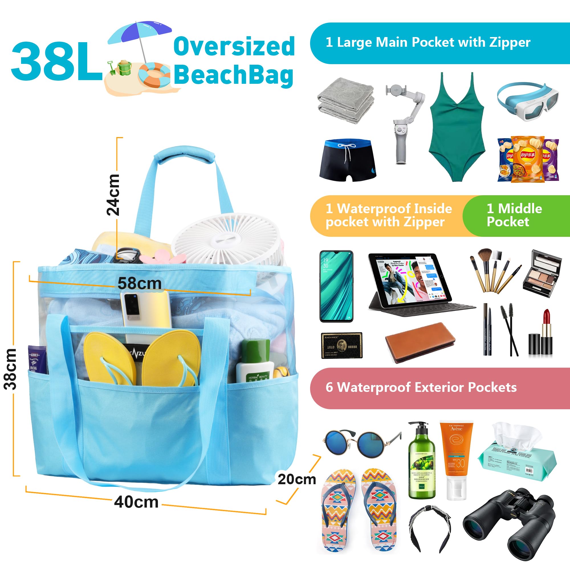 Mesh Strandtasche XXL Familie mit Reißverschluss, Groß Faltbar Sandkontrolle Ultraleicht Badetasche Tasche Schwimmtasche, für Damen Herren Sommer Strand Urlaub