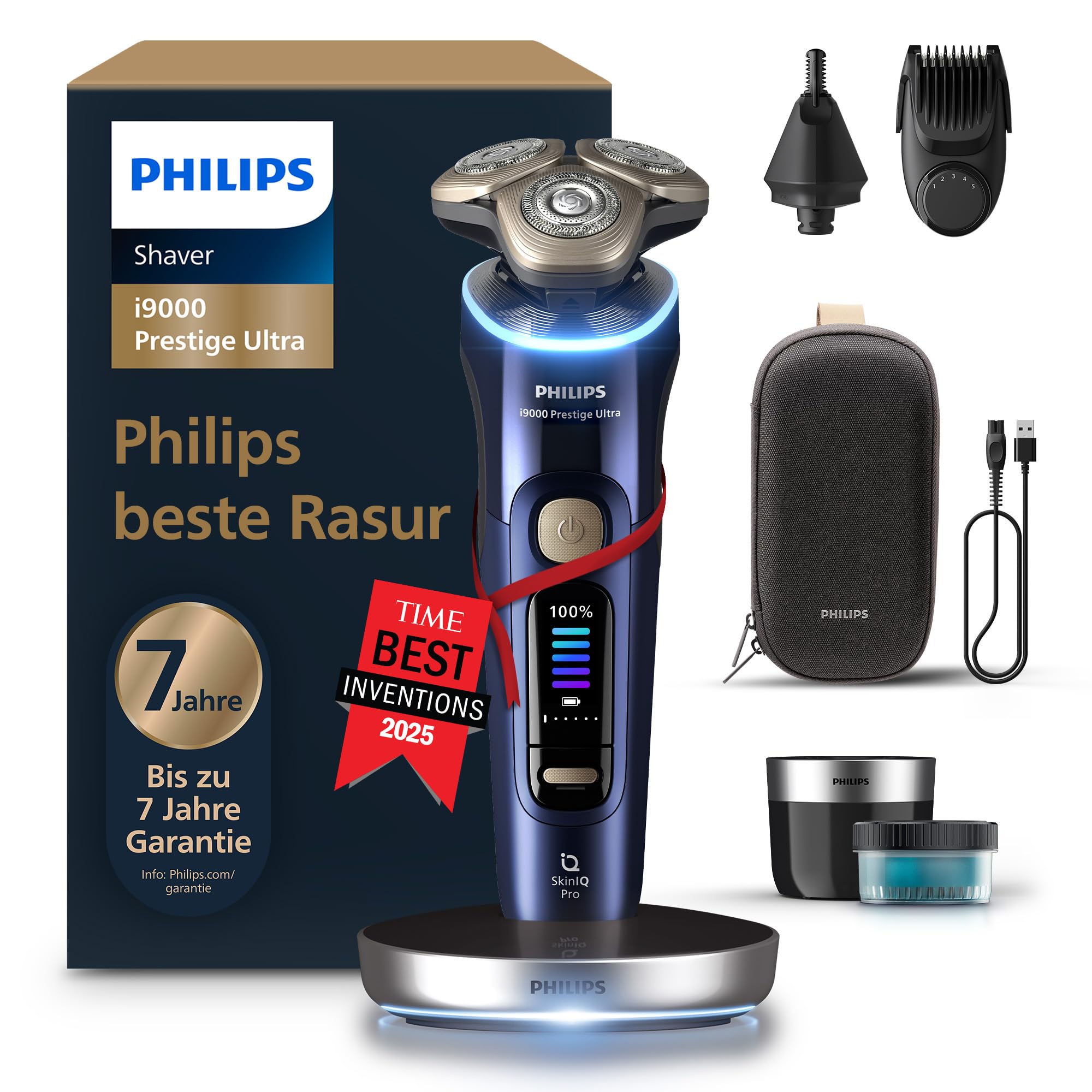Philips Rasierer i9000 Prestige Ultra, Nass- und Trockenrasierer, adriatic, Druck- und Bewegungssensor, 5+1 Bartstyler, Nasenhaartrimmer, Reinigungsstation, Ladestation und Reiseetui, Modell XP9401/38
