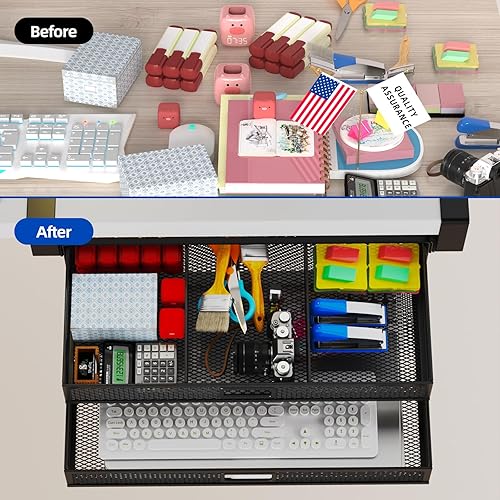 Miniatura 3 de Organizador de cajones para debajo del escritorio, sin taladrar, 2 cajones deslizantes debajo del escritorio, abrazadera de cajón de almacenamiento