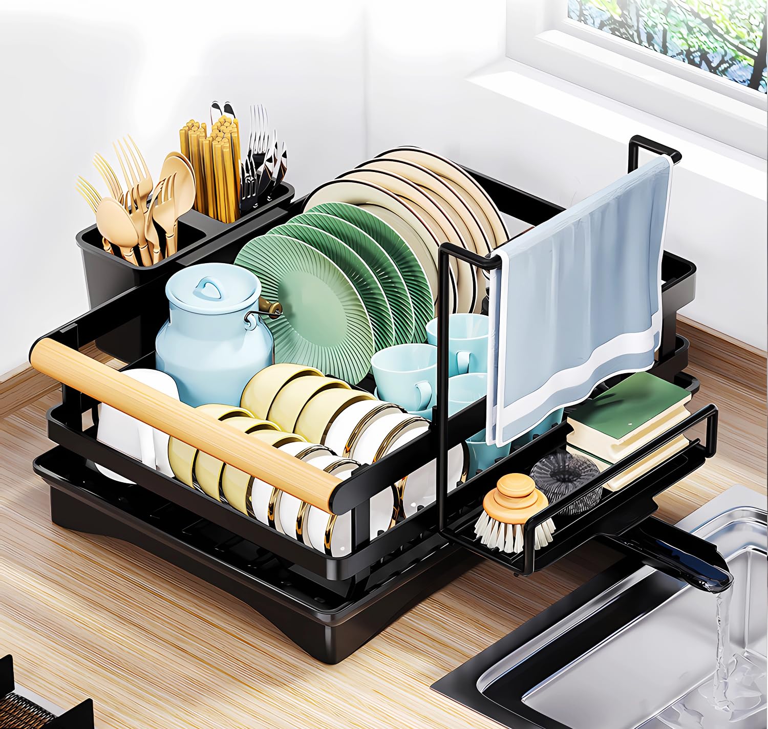 MOUFIER Dish Drying Rack with Swivel Spout,Utensil Holder,Sink Caddy Kitchen Sink Organiser, Large Capacity Dish Drainer for Kitchen Counter