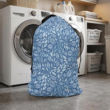 Nature Textural XL Laundry Bag Boho Blue Leaves Vines Plant Machine Washable Large Capacity with Black Drawstring Dirty Clothes Organizer for Laundromat and Household