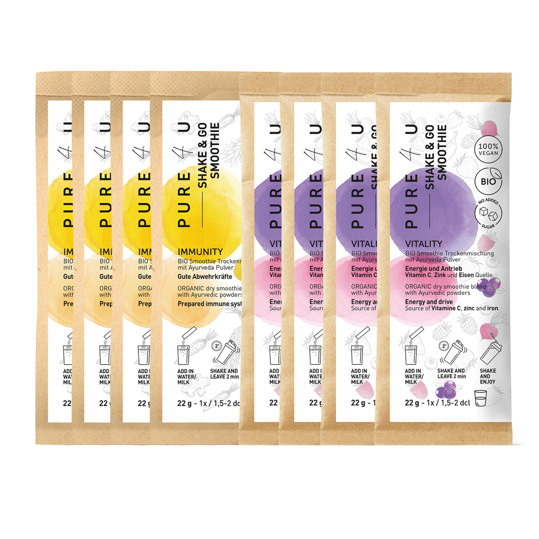 PURE4U BIO Immuno Vital Paket (4x Immunity, 4x Vitality) | 8x To Go Smoothie Shake Pulver | mit pflanzlichen Proteinen und Ayurveda | Ohne Zuckerzusatz | Leichte Zubereitung ohne Mixer