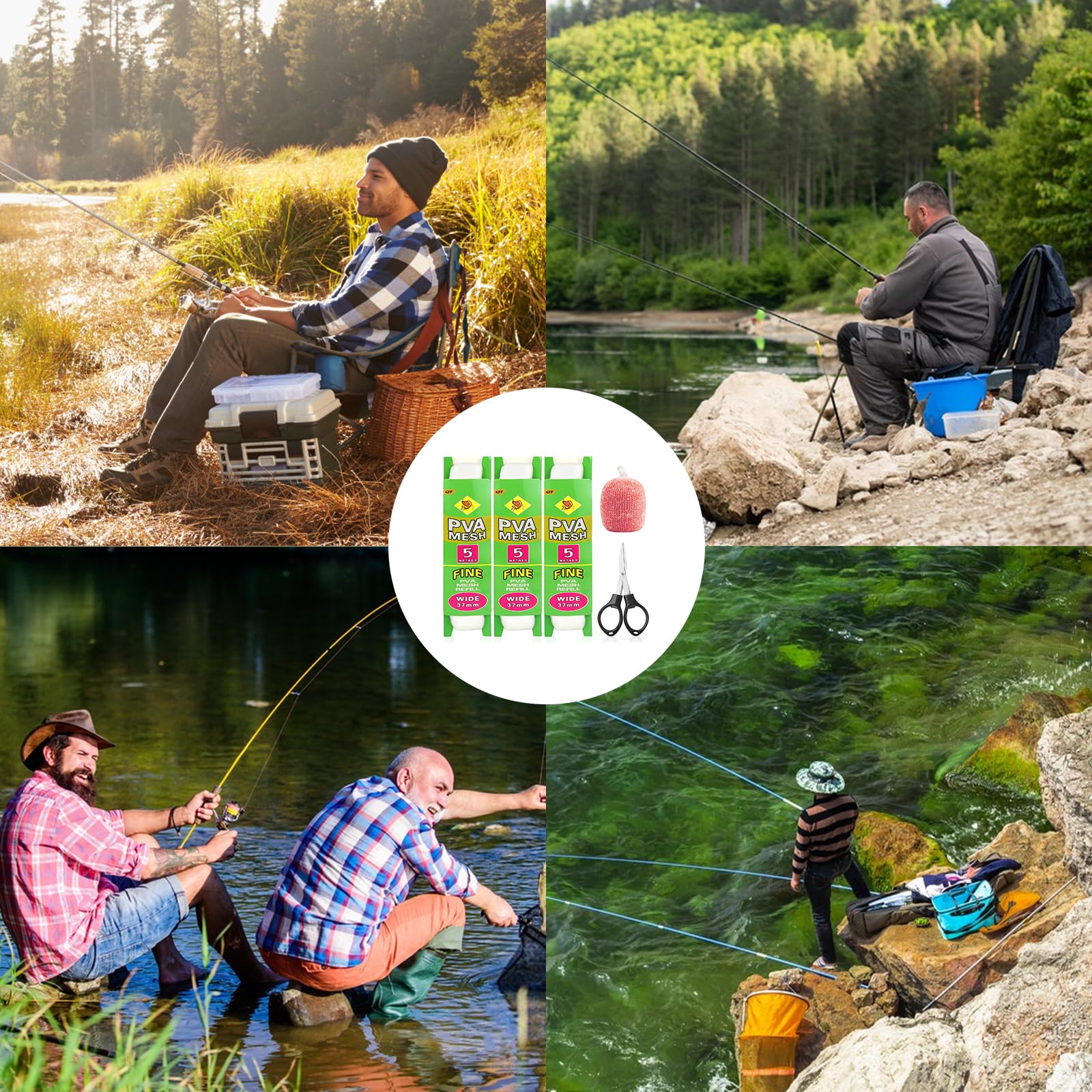 3 Pièces 5m Recharge de Filet PVA avec Ciseaux 25/37 mm Sacs PVA Larges Accessoires de Pêche à la Carpe Sacs de Filet Soluble dans l'eau PVA Qui Fond Rapidement pour l'Alimentation Précise