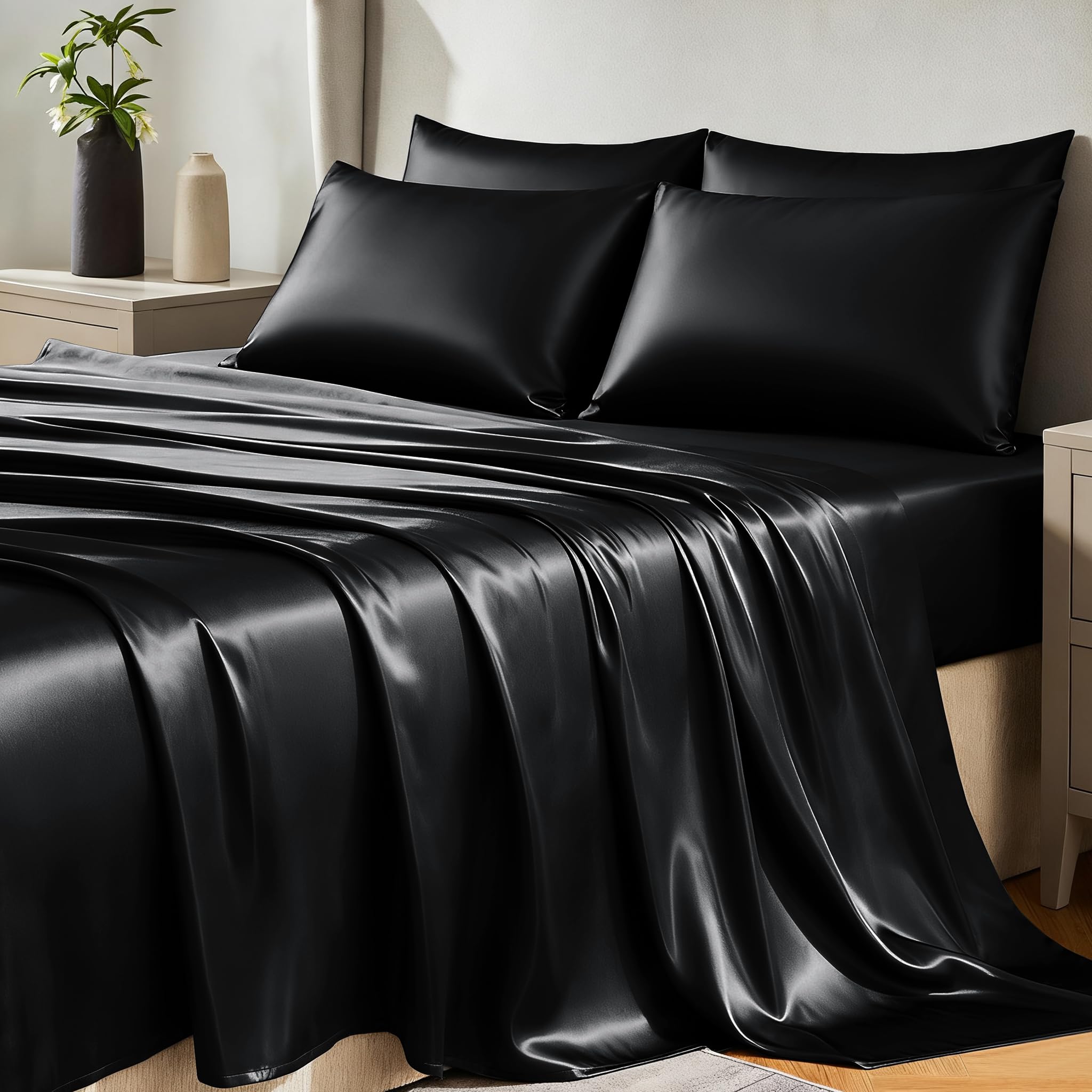 CozyLux Satin Sheets Queen Size Bed Set - 4 Piece Silky Queen Sheet Set, Luxury Sheets with Smooth and Soft Microfiber, Includes 1 Fitted Sheet, 1 Flat Sheet and 2 Pillowcases: Black Queen(6Pc)