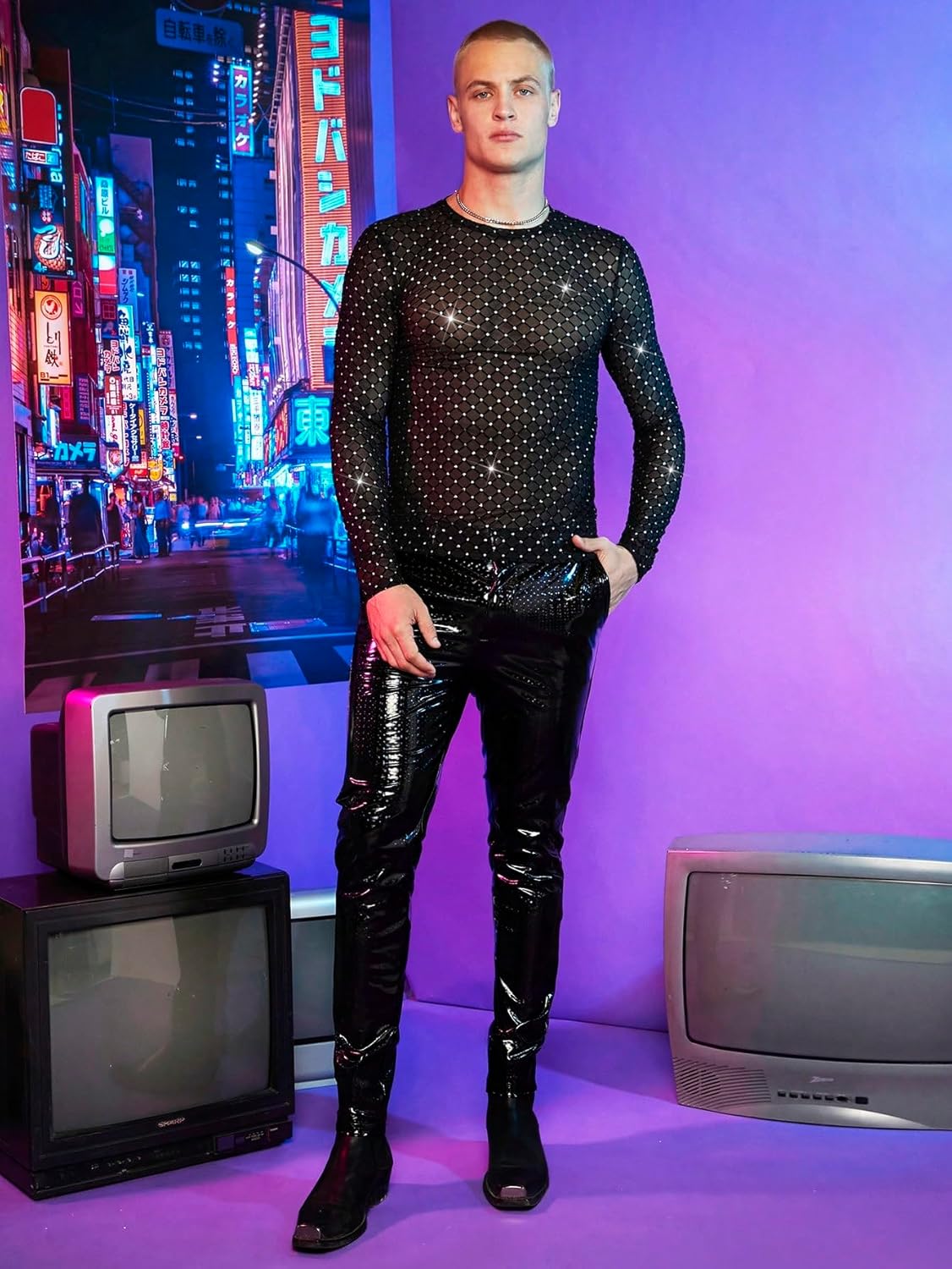 WDIRARA Men's Rhinestone Trim Mesh Sheer Long Sleeve Round Neck Party Blouse Shirts - Image 5