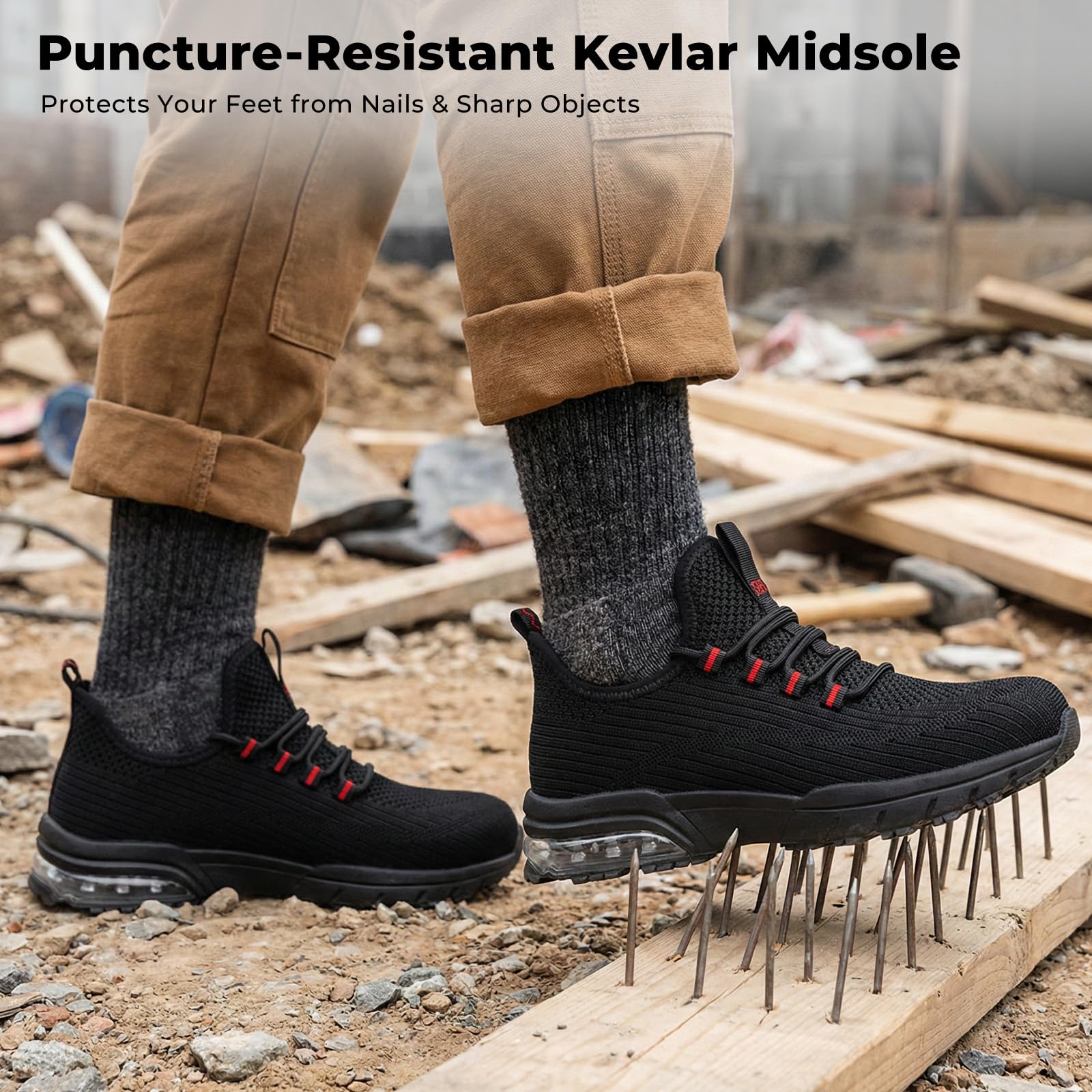 SPIEZ Chaussures De Sécurité Hommes Femmes, Légère Basket De Travail à Coussin d'air, Slip-on, Noir/Rouge EU 37-46
