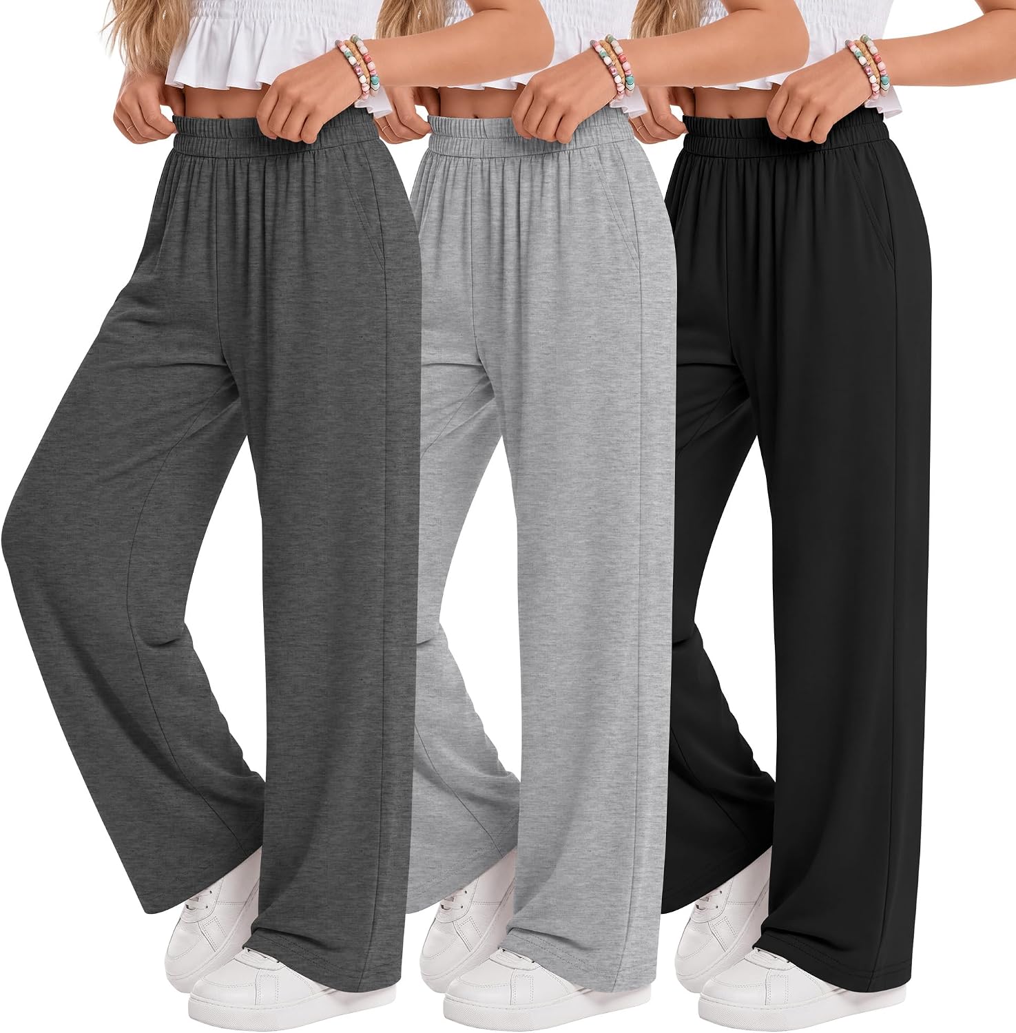 Yooo's Vivi 3 Pack Girl's Wide Leg Pants Casual Elastic Waist Baggy Loose Fit Sweatpants Athletic Yoga Active Trousers 5-14Y