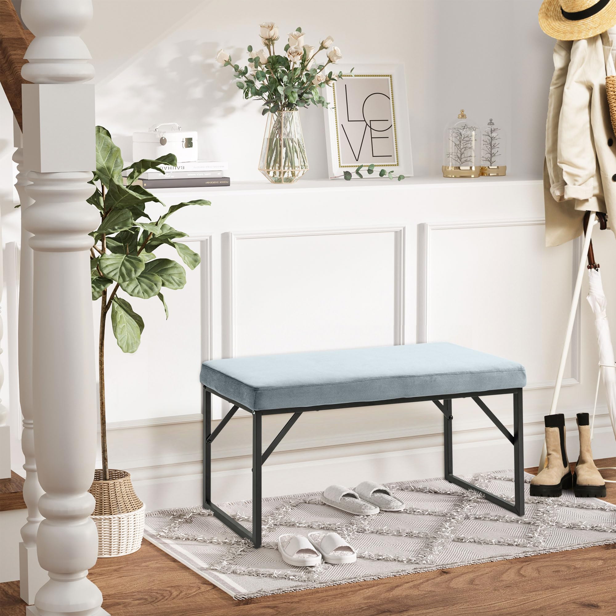 HOMCOM Banc Bout de lit Banquette Banc en Tissu Velours Cadre en Acier - 100 x 35 x 47 cm - Bleu Clair