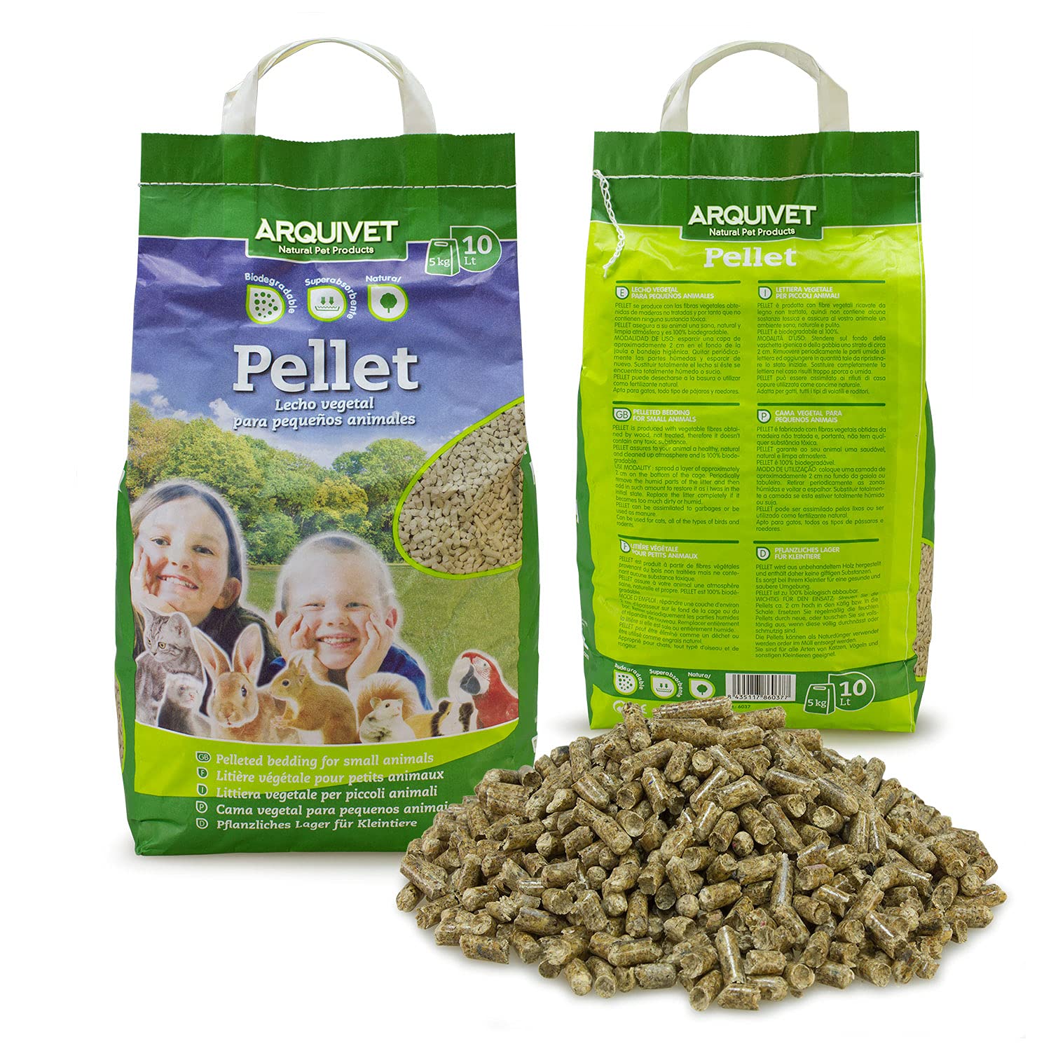 Arquivet Pellet - Lecho higiénico Natural, Vegetal, orgánico para Gatos y pequeños mamíferos roedores, 10 L