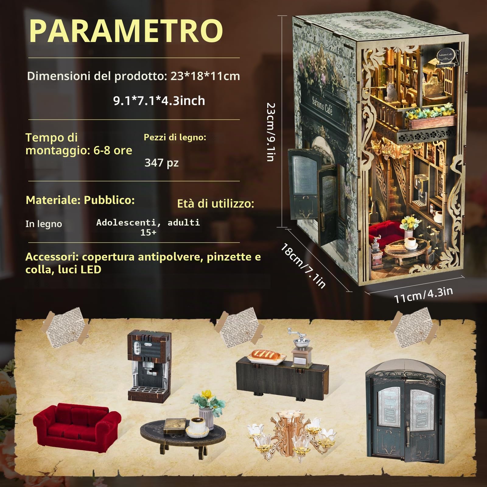 MiniCity Seasons Café Book Nook Kit, modello 3D in legno per libreria