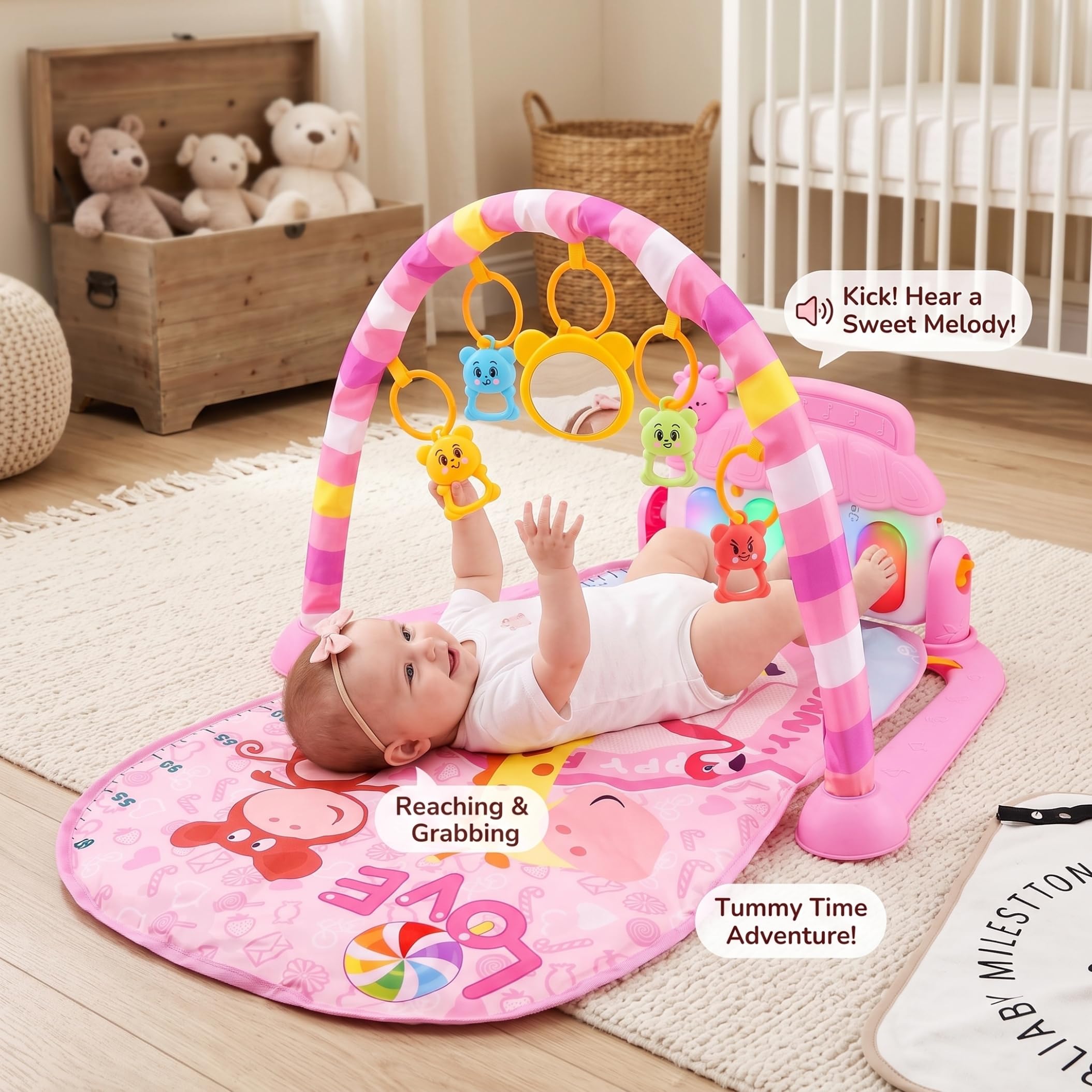 Tappetino da gioco per palestra per bambini, calcia e suona il pianoforte con musica e luci per neonati 0-3-6-9-12 mesi, pancia neonato - Tappetino per neonati