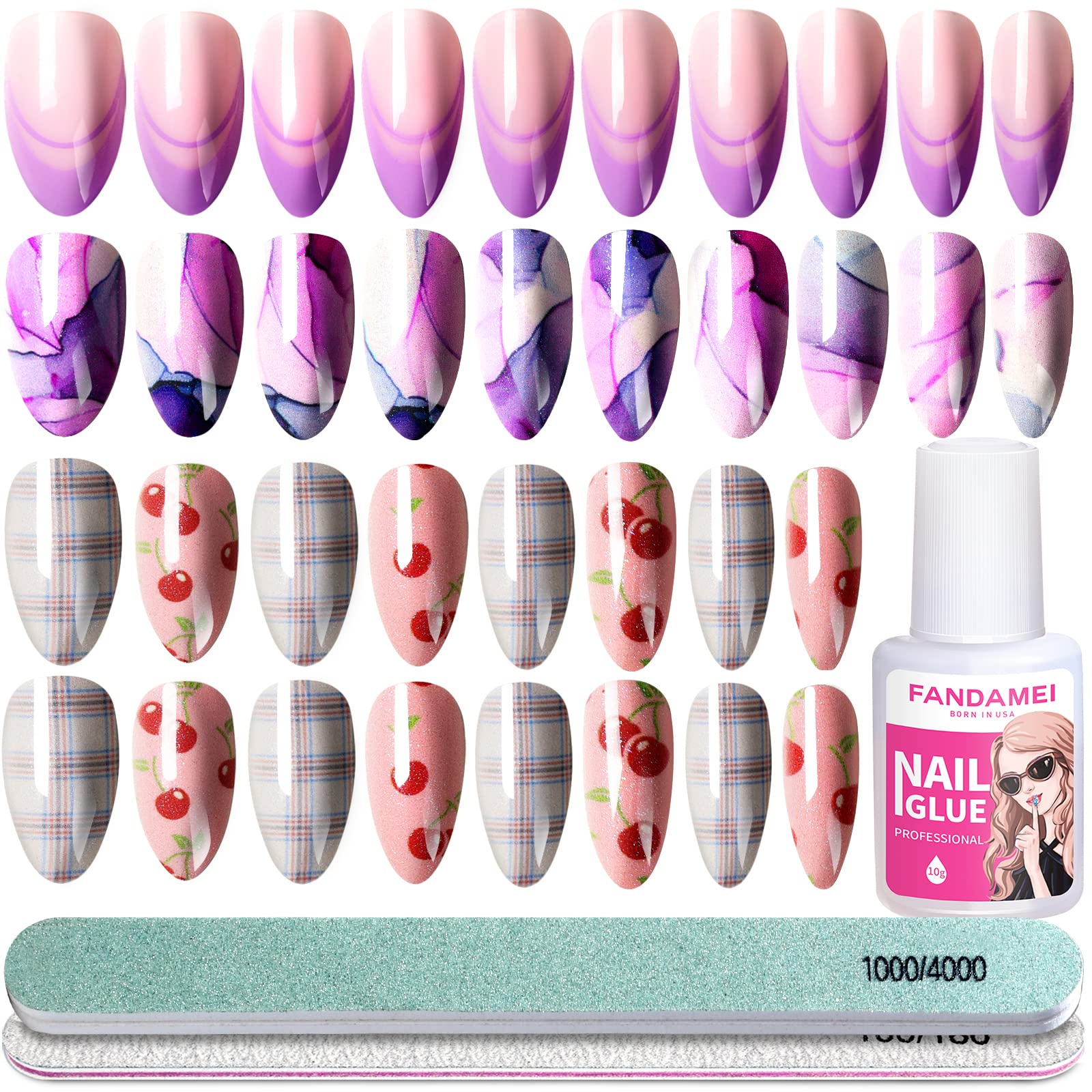 FANDAMEI3 Packs Medium Length Press On Nails Almond, 72 PCS Colorfull Full Cover Fake Nails, False Nails with Nail Glue, French Nail Tips, Nail File 100/180, Nail Buffer Block for Partys, Daily Use