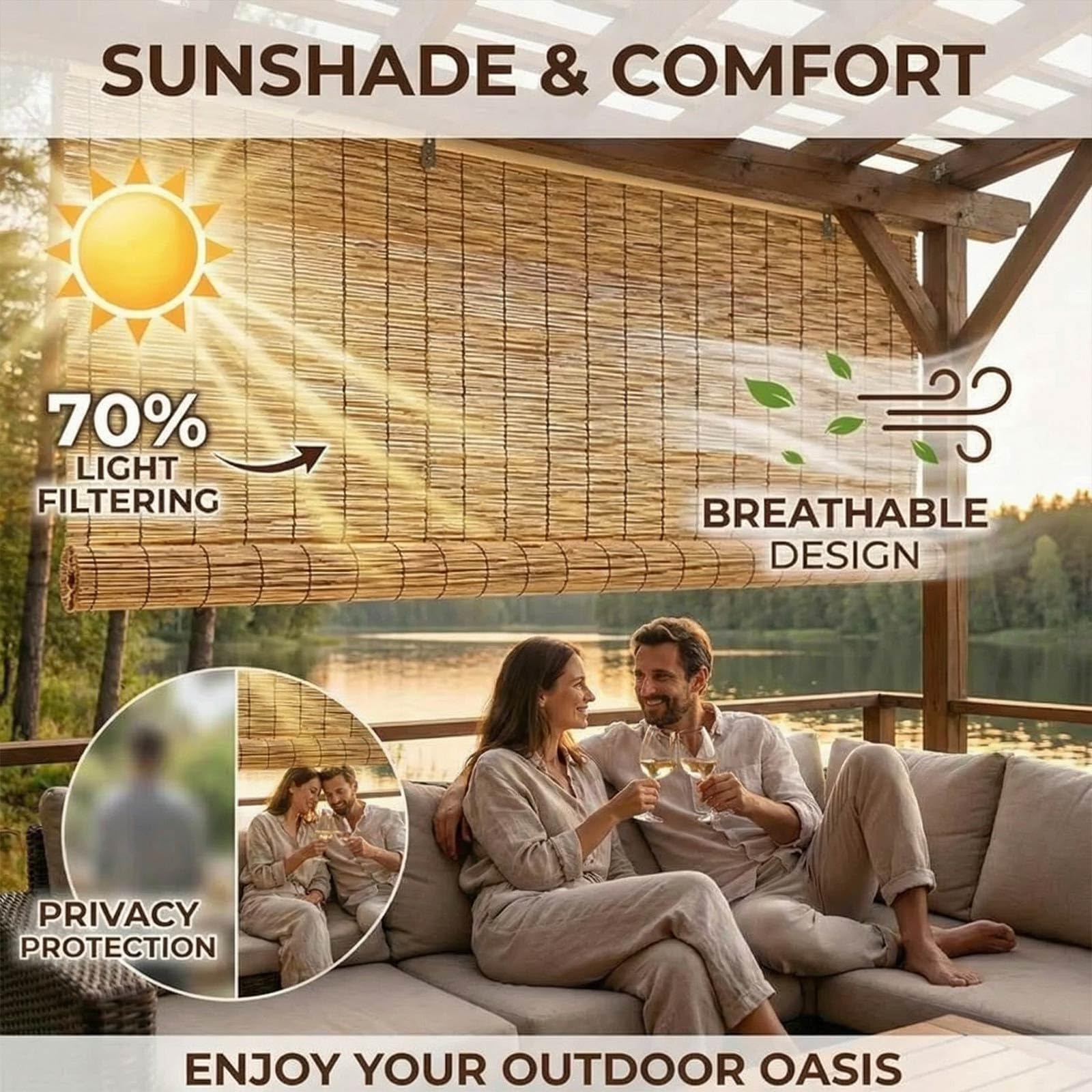 Tenda Bambù Naturale per Terrazza e Veranda, Tenda Avvolgibile per Balcone e Pergola, Filtro Luce per Giardino e Spazi Esterni(W60 x H300 cm)