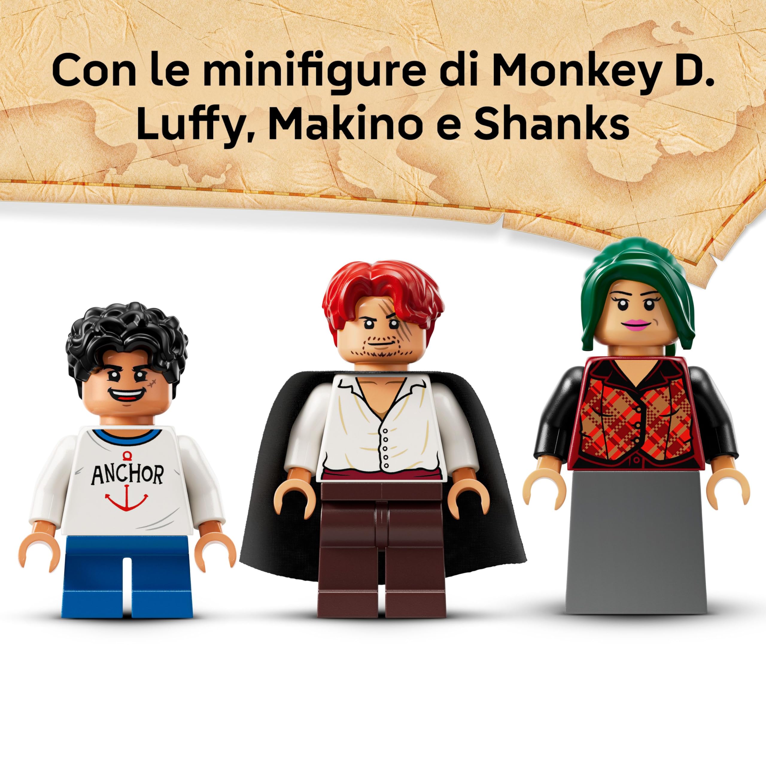 LEGO ONE PIECE La Capanna del Villaggio Foosha Giocattolo con Barca, Minifigure di Luffy, Shanks e Makino, Accessori e Poster Ricercato - Regalo per Bambini, Bambine e Fan degli Anime da 8 Anni 75636